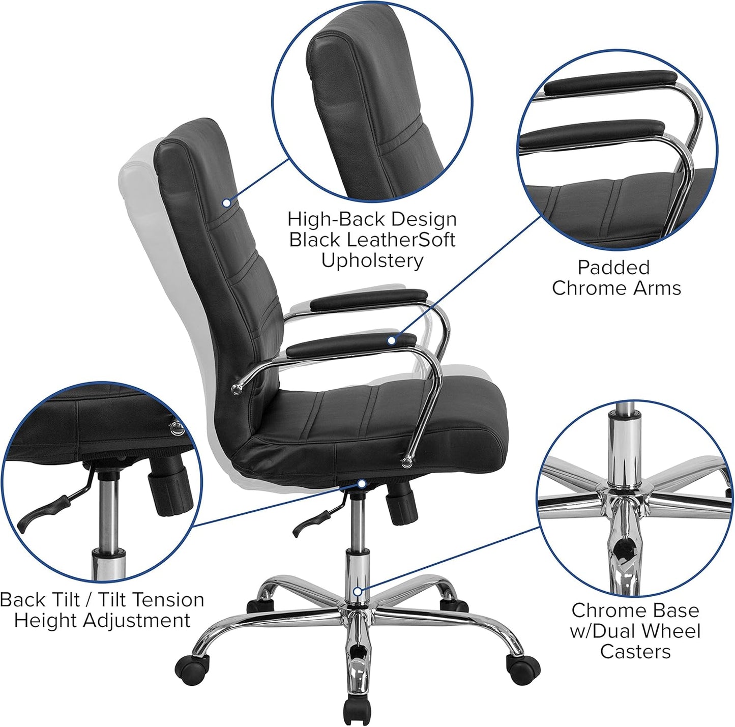 Flash Furniture Whitney High-Back Swivel LeatherSoft Desk Chair with Padded Seat and Armrests, Adjustable Height Padded Office Chair, Black/Chrome