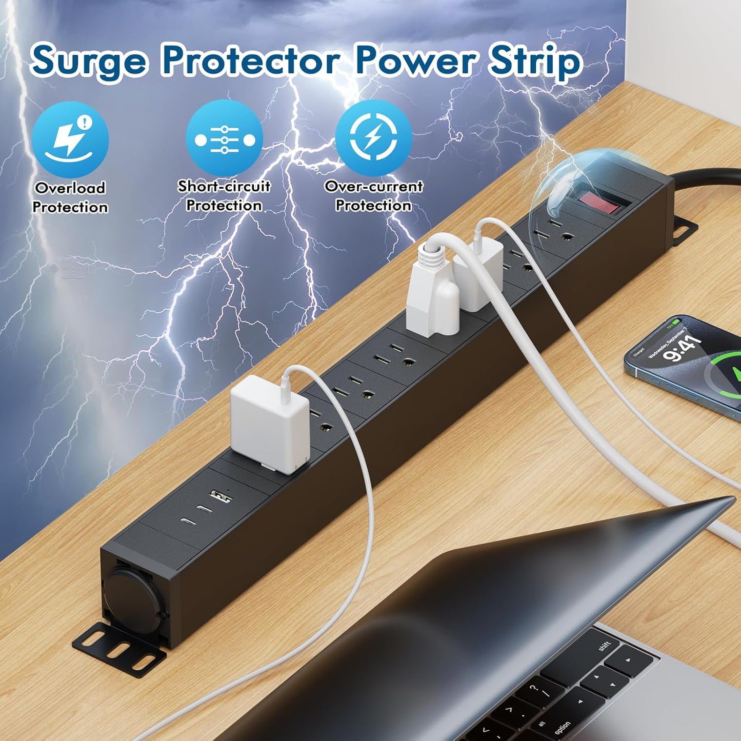 8 Outlet Metal Wall Mount Power Strip,360° Rotatable Mounting,PD 20W USB C Fast Charging,Surge Protector Powerstrip with 6FT Cords,15A 1875W, for Home Office Industrial Garage Commercial