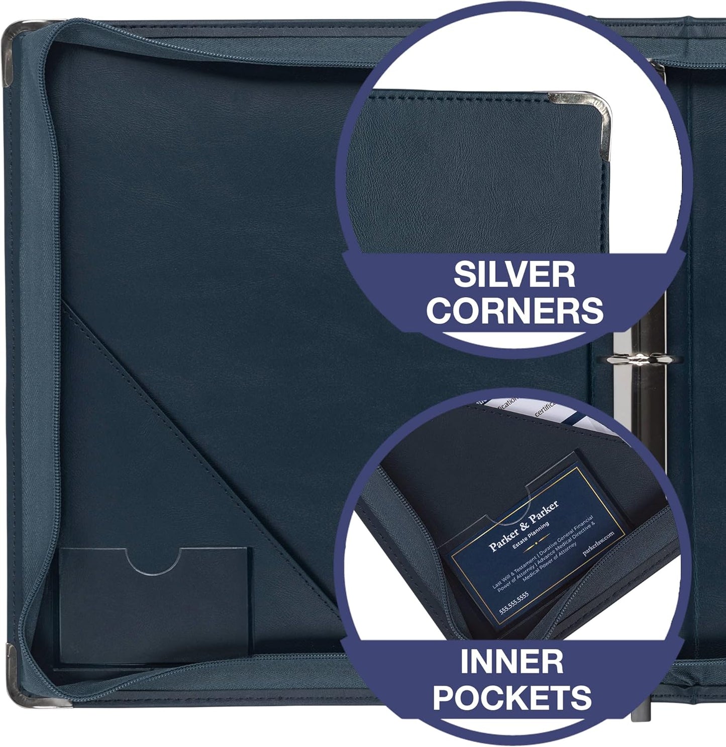 Samsill Leather Binder, Classic Collection - Zippered, Executive Presentation Portfolio, 1.5 Inch Round Ring (Holds 325 Sheets), Silver Corner Accents, Navy