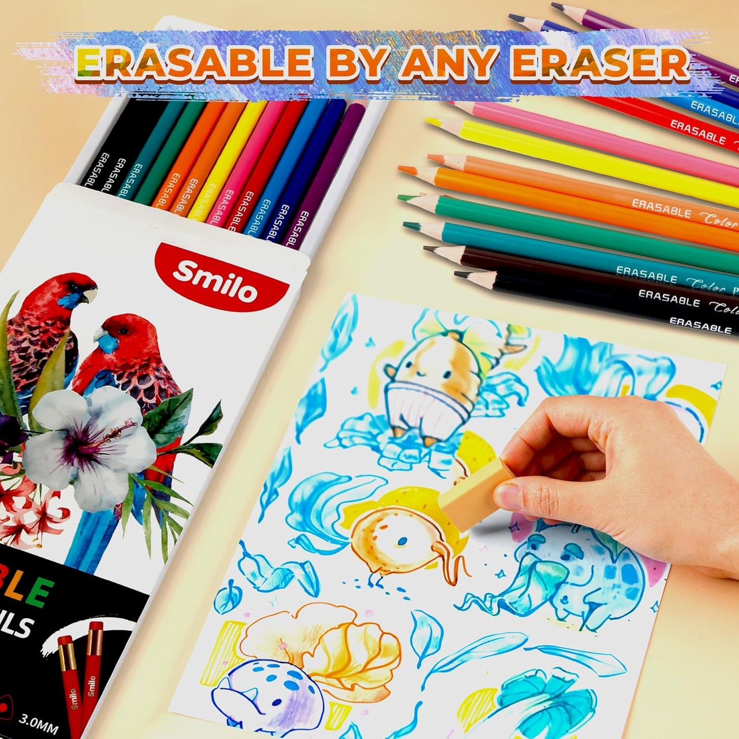 Smilo 12-Count Erasable Colored Pencils with Erasers - Vibrant & Smooth Colors for Drawing, Coloring Books, School Art Projects - Premium Art Supplies for Kids, Adults & DIY Crafts