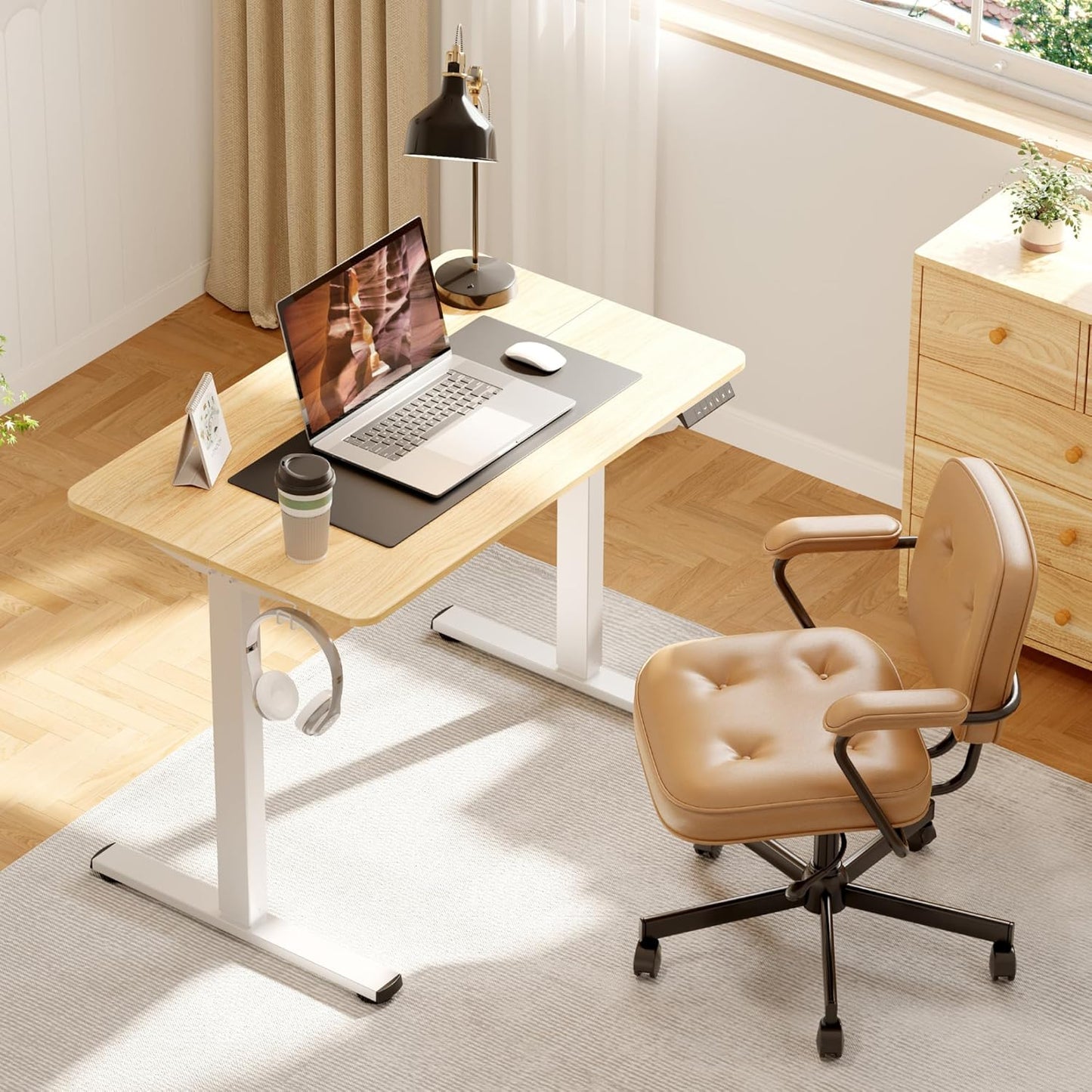Adjustable Stand Up Desk Standing Desk, 40x24 Inches Home Office Desks with Memory Preset Computer Workstation, Splice Maple Top + White Frame