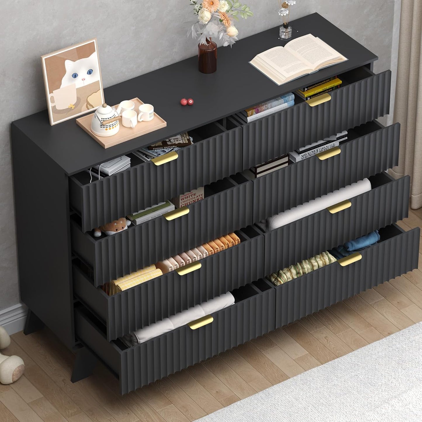 Fluted 8 Drawer Tall Dresser, 47.2" Wide Modern Boho Chest of Drawers, Wooden Storage Dresser TV Stand for Bedroom, Living Room, Closet, Hallway, Curved Profile Design