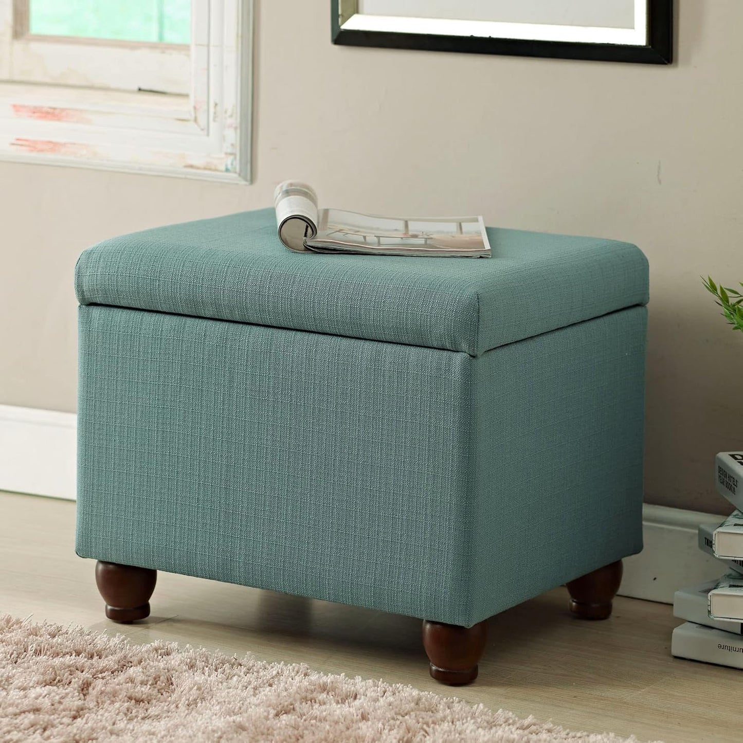 Home Decor | Upholstered MediumRectangular Storage Ottoman | Hinged Lid Ottoman with Storage for Living Room & Bedroom, Aqua Linen