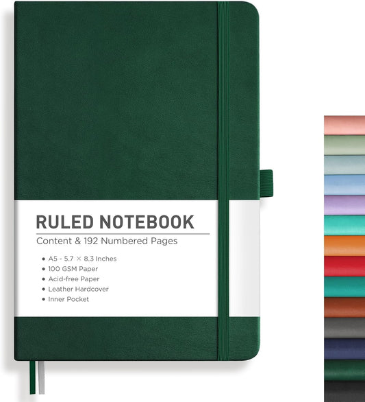 RETTACY Lined Journal Notebook, 192 Numbered Pages, A5 Medium Size (5.7'' x 8.3''), for Men & Women, Journaling, Writing, Work & Office, Leather Hardcover, 100 GSM Thick Paper (Dark Green)
