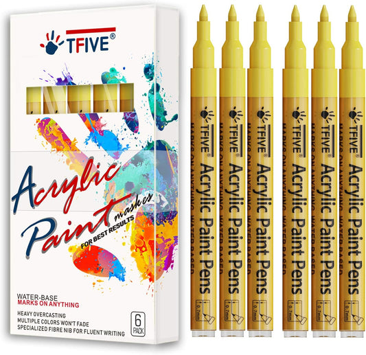 Yellow Marker Paint Pens - 6 Pack Acrylic Yellow Permanent Marker, 0.7mm Extra Fine Tip Paint Pen for Art Projects, Drawing, Rock Painting, Ceramic, Glass, Wood, Plastic, Metal, Canvas DIY Crafts