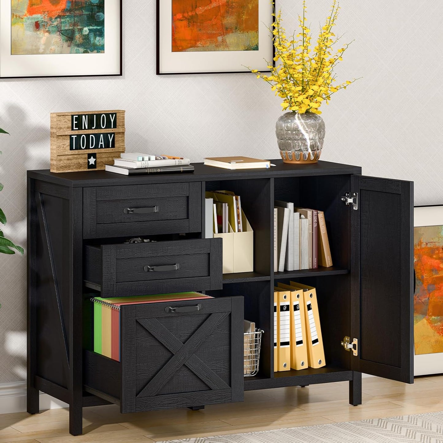 Lateral File Cabinet with 3 Drawers and Door, Farmhouse File Cabinet with Adjustable Shelf for Letter/A4 Size Hanging Files, Printer Stand with Storage Cabinet for Home Office Furniture, Black
