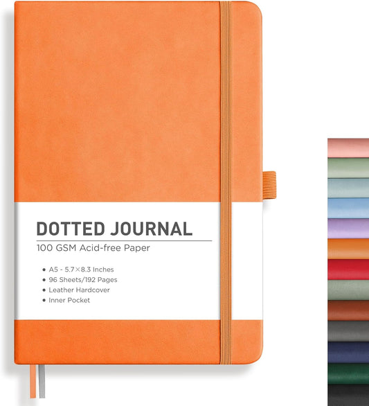 RETTACY Bullet Dotted Journal Notebook, 192 Pages, A5 Medium Size (5.7'' x 8.3''), Leather Hardcover, 100 GSM Thick Paper, for Bullet Journaling, Planning, Tracking (Orange)