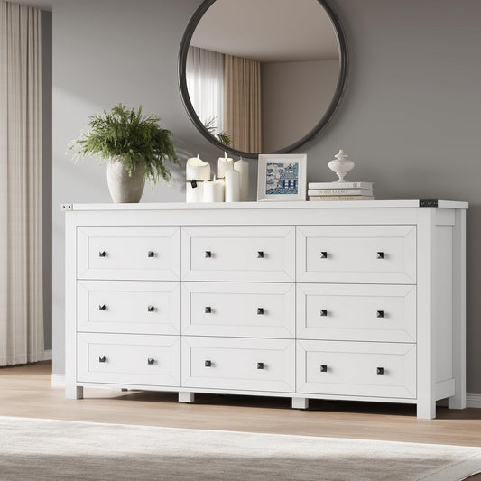 9-Drawer Dresser, Modern Wooden Storage Chest of Drawers, Dresser TV Stand, Wood Drawer Organizer with Metal Handles for Bedroom, Living Room, Hallway