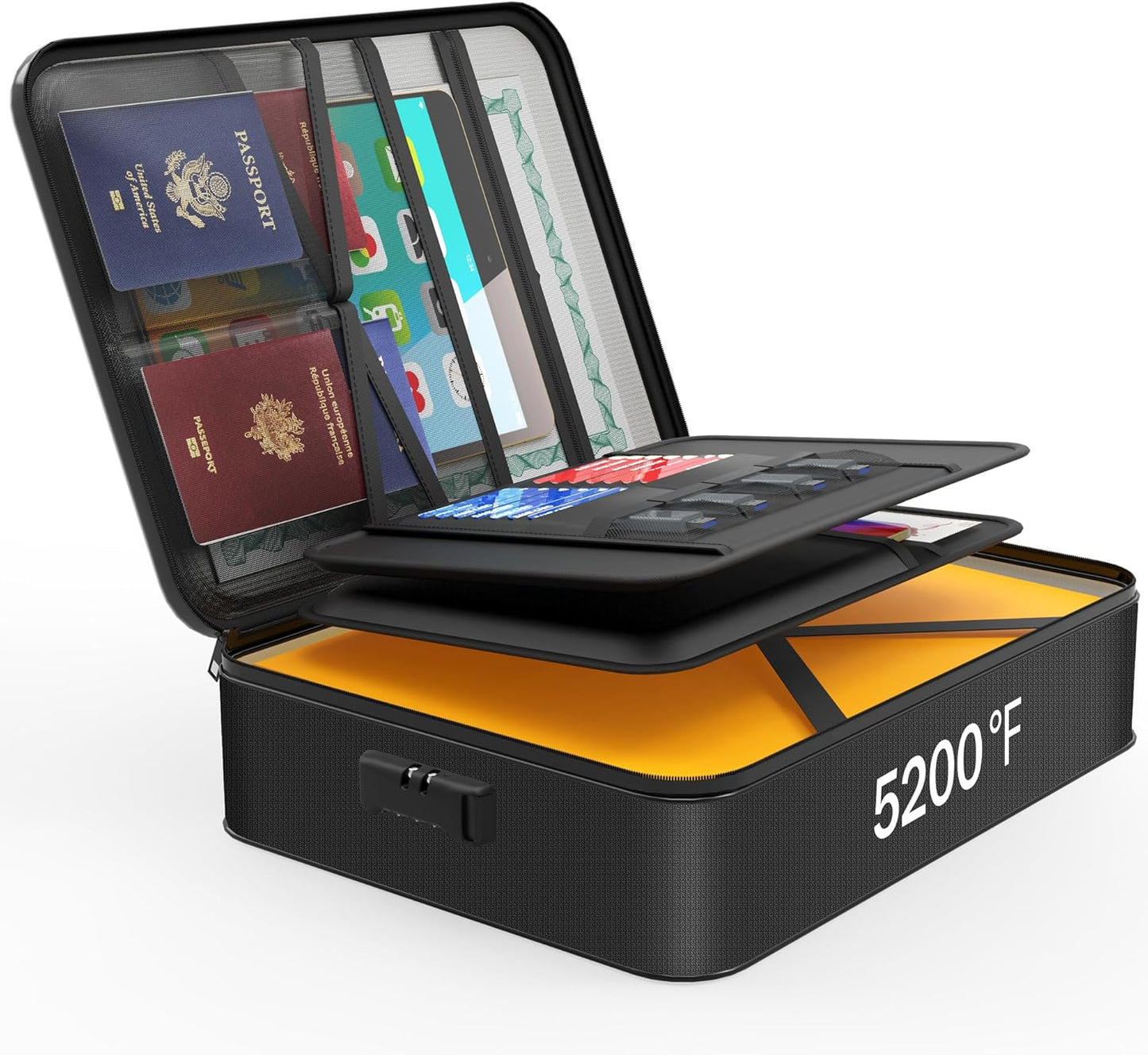 Noiposi Document Organizer with 5200℉ Heat Insulated,Waterproof and Fireproof Document Box with Lock, Home Travel Strong Fireproof Safe Storage Box for Letter Size Important Documents and File