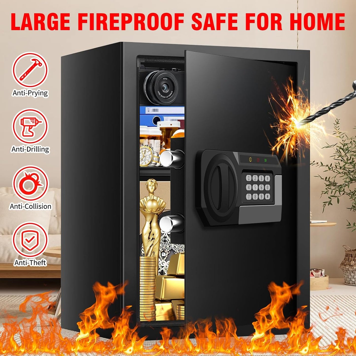 3.2 Cubic Feet Large Safes for Home Use Fire and Water Proof, Anti-Theft Digital Security Safe Box With Programmable Keypad & Spare Keys, Home Safes Water and Fireproof for Documents Money Valuables