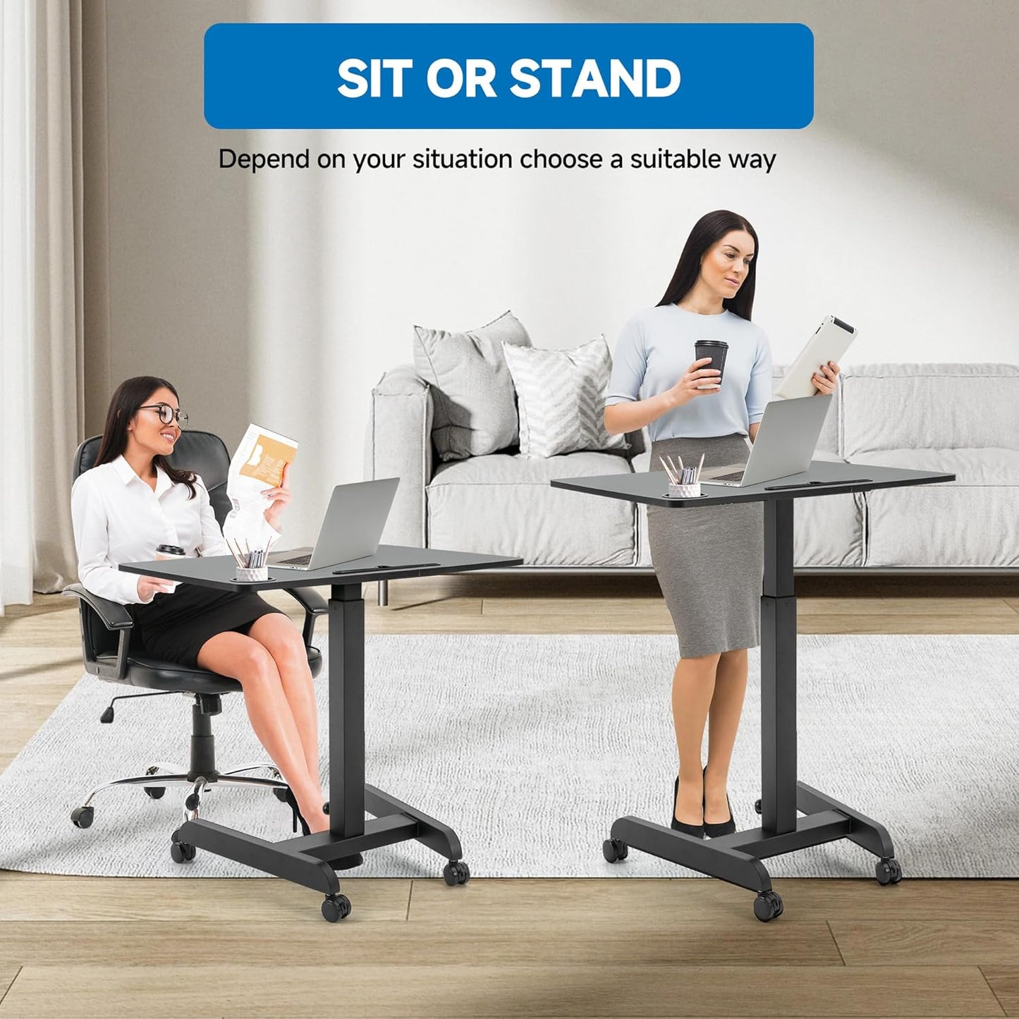 Rolling Laptop Desk Adjustable Height(29.5”- 43.7”)，Mobile Workstation Cart with 23.6" x 20.5"Desktop, Standing Desk Mobile Portable PC Table for Home,Office or Classroom in Black