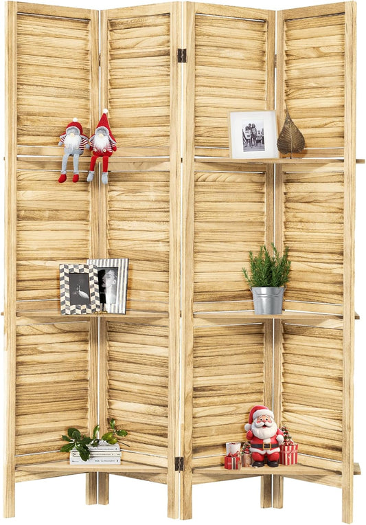 NicBex 4 Panel Room Divider,5.6FT Wood Carved Room Dividers with Display Shelves Folding Privacy Screens Portable Freestanding Partition Wall Dividers for Room Separation, Bedroom Office,Natural Wood