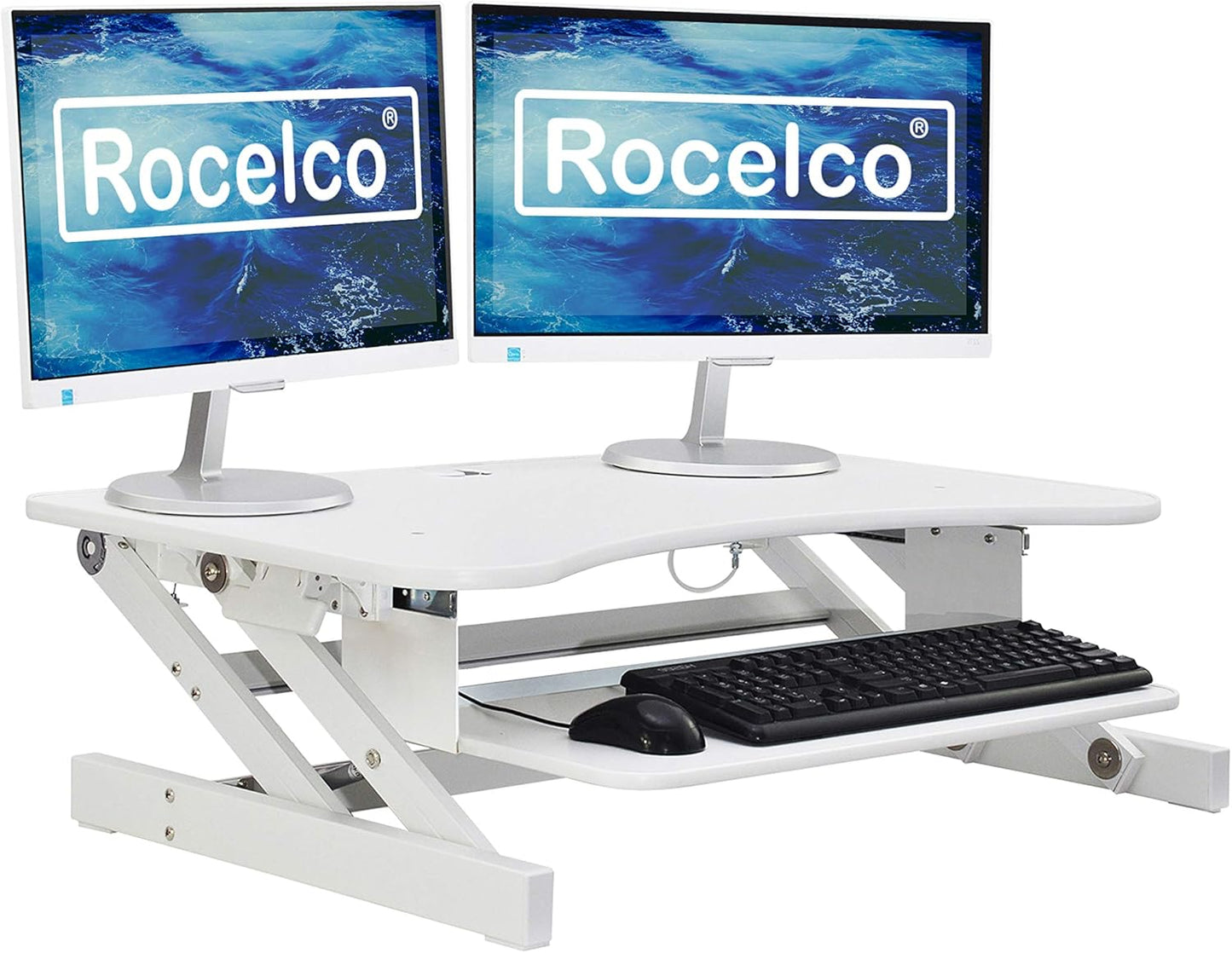Rocelco 37.5" Deluxe Height Adjustable Standing Desk Converter - Quick Sit Stand Up Dual Monitor Riser - Gas Spring Assist Computer Workstation - Large Retractable Keyboard Tray - White (R DADRW)