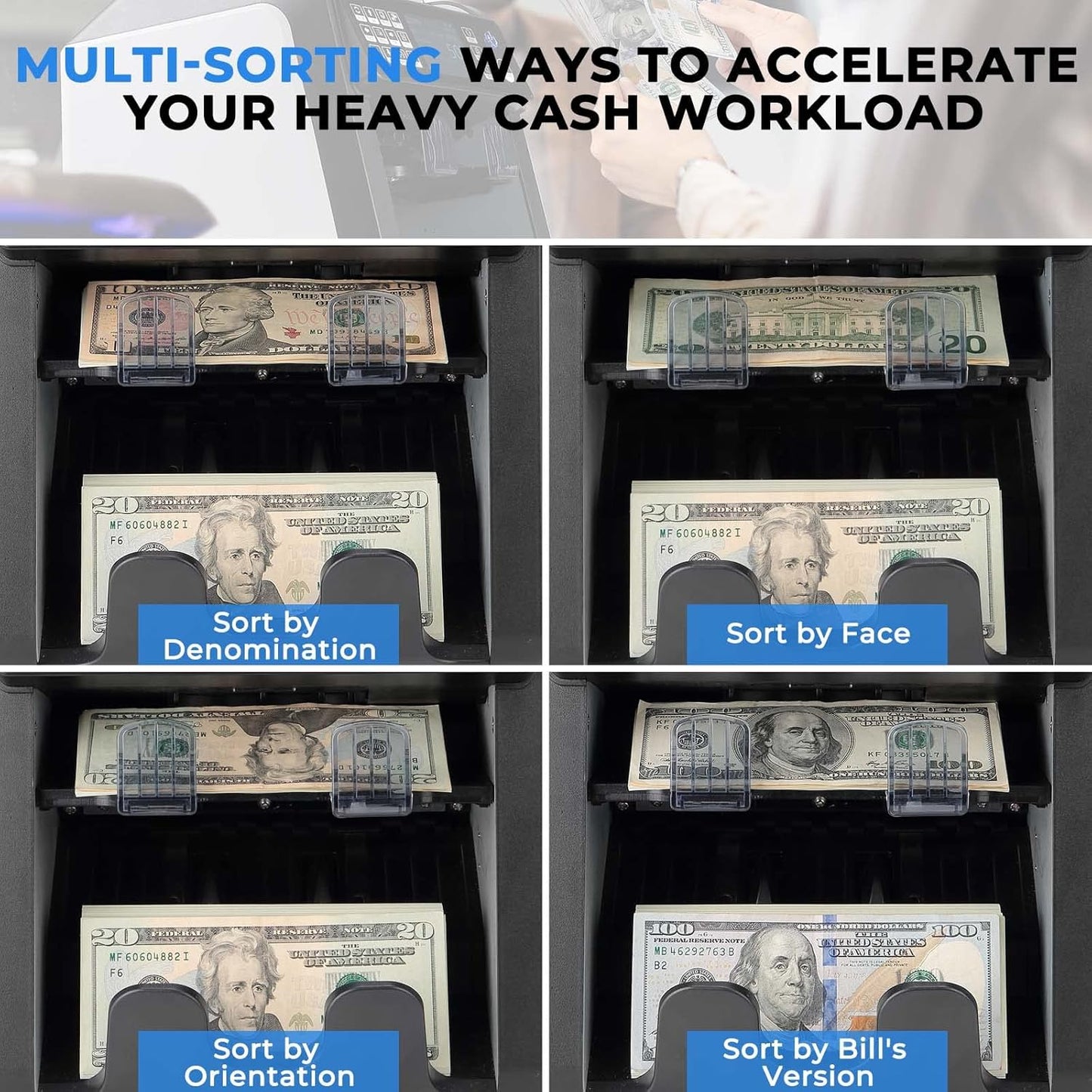 MUNBYN IMC08 Dual Money Counter Machine Mixed Denomination with Reject Pocket, Value Counting, Counterfeit Detection 2 CIS/UV/MG/IR, Sort&Print Enabled Cash Counter, Mixed Bill Counter (White)