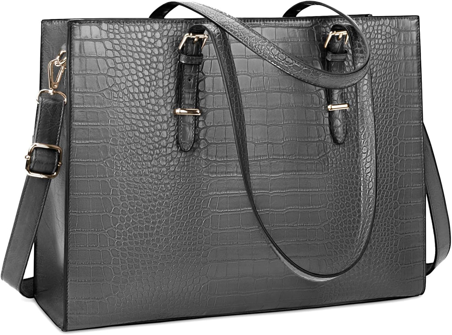 Laptop Bag for Women 15.6 Inch Laptop Tote Bag Leather Classy Computer Briefcase for Work Waterproof Handbag Professional Shoulder Bag Women Business Office Bag Large Capacity Grey