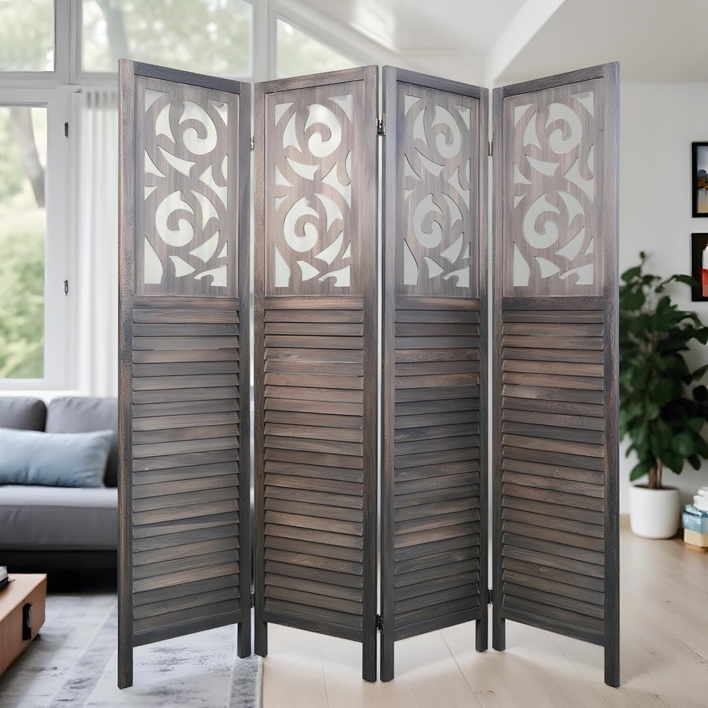 NicBex 4 Panel Room Divider,5.6FT Wood Carved Room Dividers,Folding Privacy Screens Portable Freestanding Partition Wall Dividers for Room Separation,Home Bedroom Office,Rustic Brown