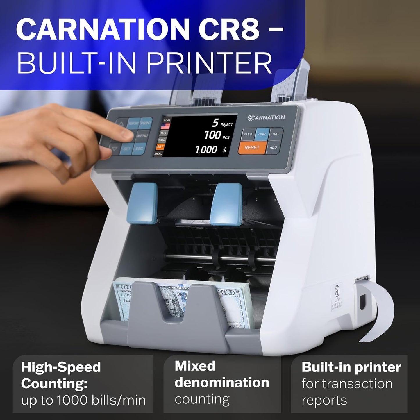 Carnation CR8 Mixed Denomination Money Sorter with Built-in Printer – Bank-Grade Bill Counter with Counterfeit Detection, Serial Number Tracking, Multi-Currency Support & 2 CIS Sensors