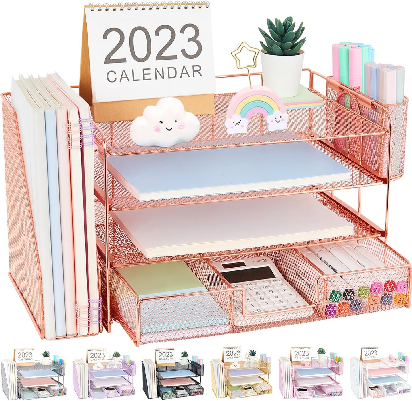 Desk Organizer and Accessories, 4-Tier Desktop File Organizer with Drawer and 2 Pen Holders, Office Desk Accessories for Office Supplies(Rose Gold)