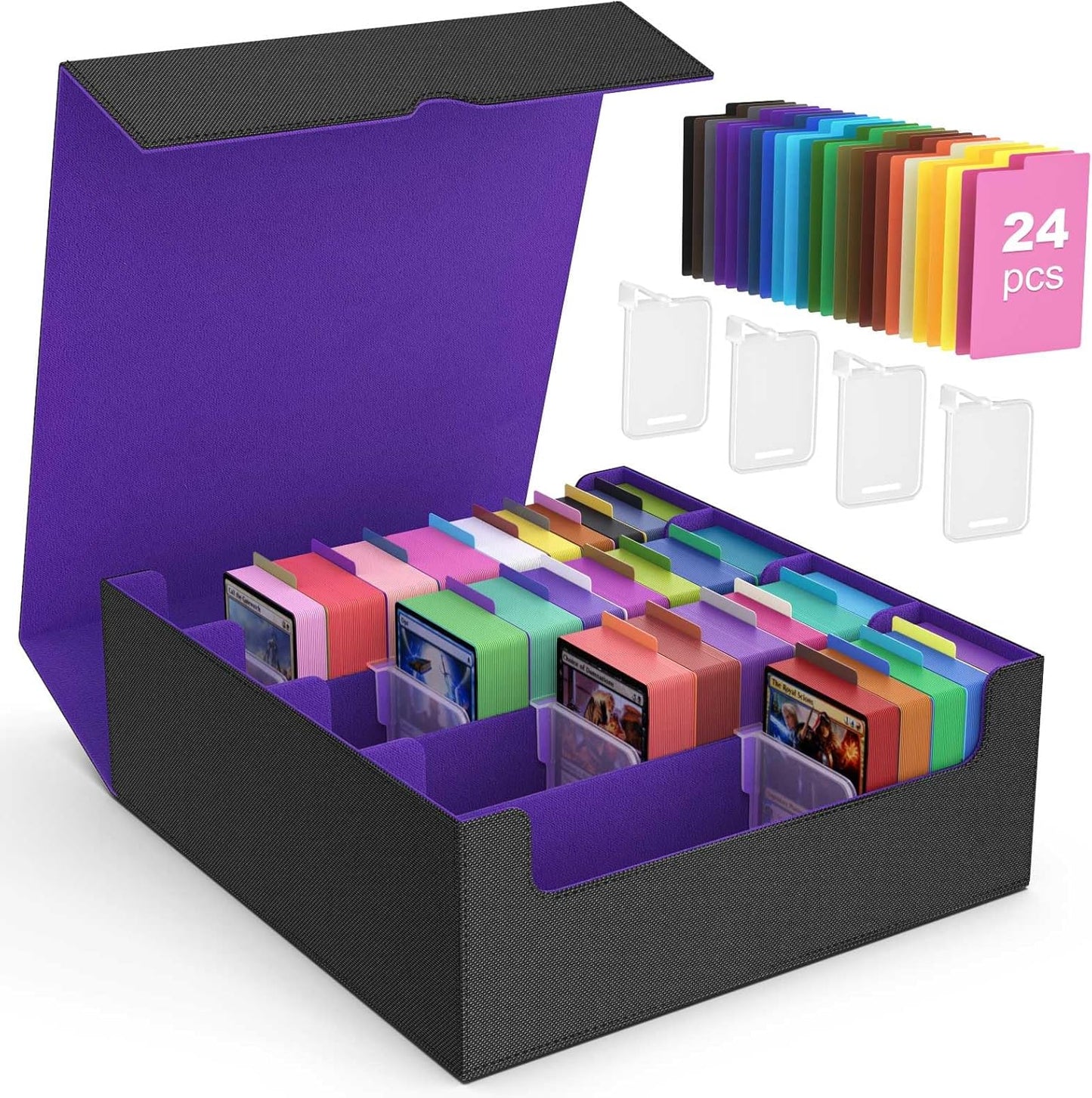 MoKo Trading Card Storage Box, 3000+ MTG Deck Box with 24 Colorful Dividers & 4 Card Supporters, Commander Card Deck Case Fits for Magic Game Cards, YugiOh, TCG, PTG and Sport Cards, Black Purple