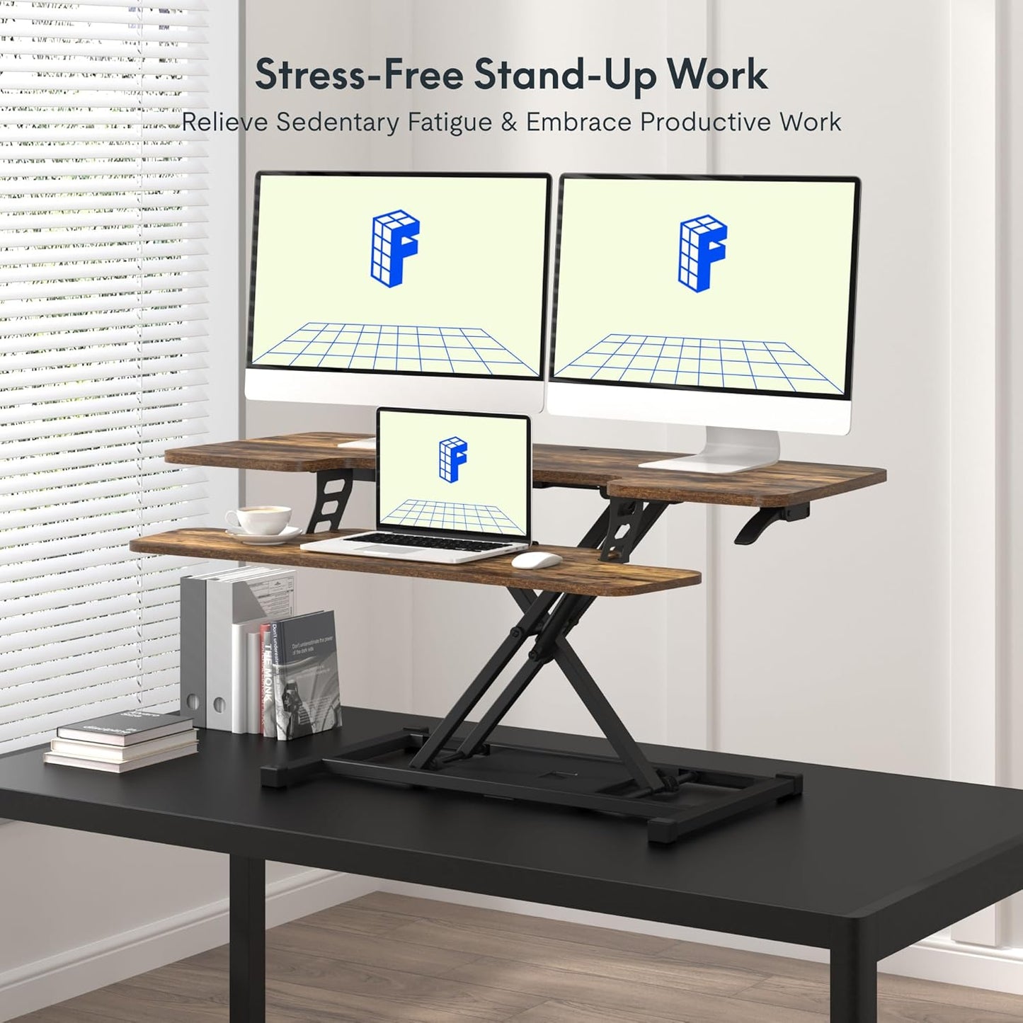 FLXISPOT 42-inch Standing Desk Converter, Sit to Stand Dual Monitor and Laptop Workstation with Wide Keyboard Tray, Rustic Color