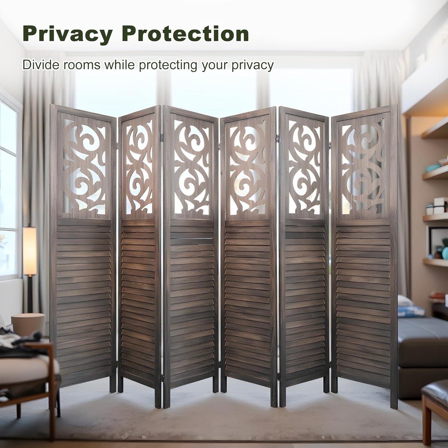 NicBex 6 Panel Room Divider 5.6FT Wood Carved Room Dividers, Folding Privacy Screens Portable Freestanding Partition Wall Dividers for Home Bedroom Office, Rustic Brown