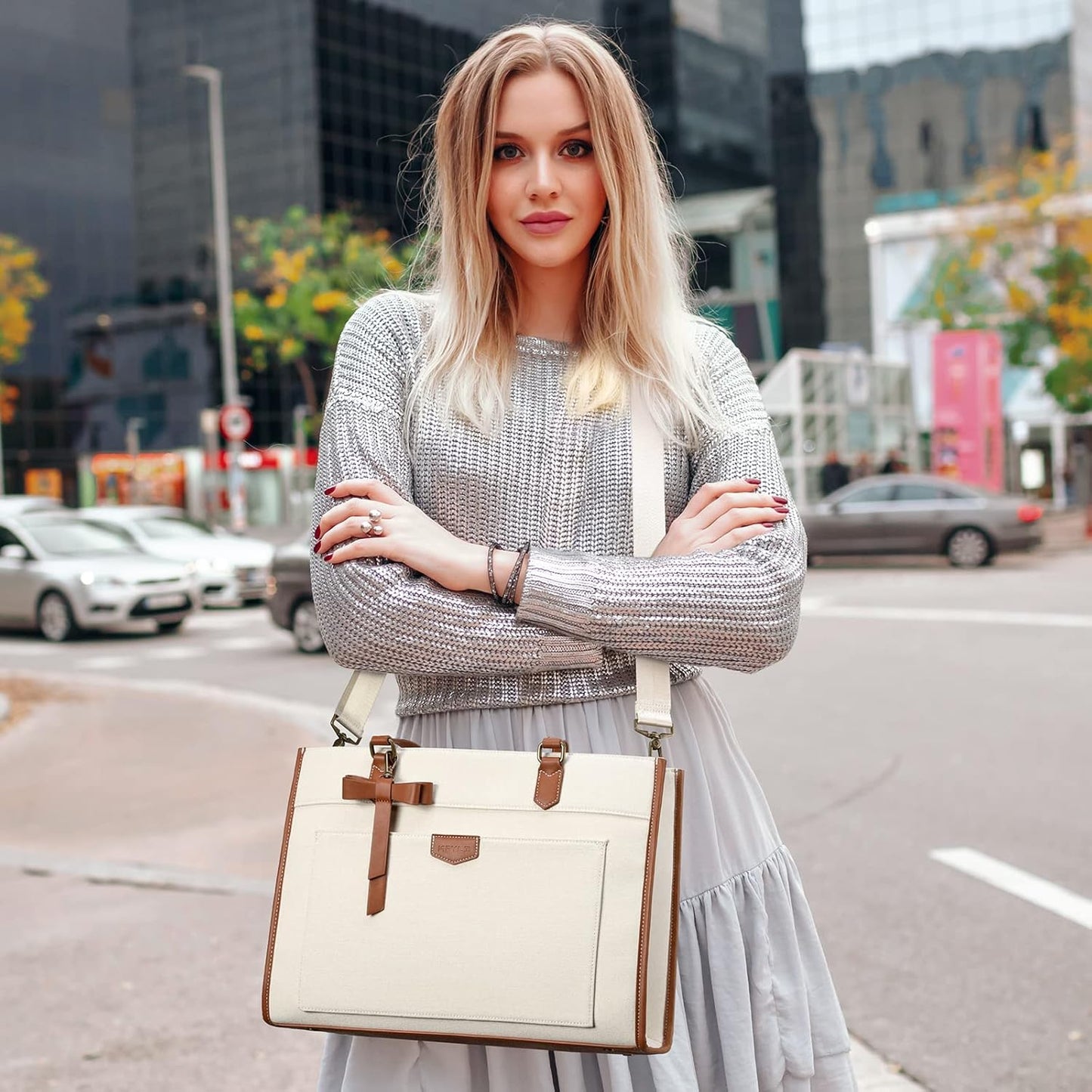 Keyli 3pcs Laptop Bag for Women,15.6 Inch Canvas Tote Bag Work Bags Large Business Computer Briefcase Shoulder Handbag Purse