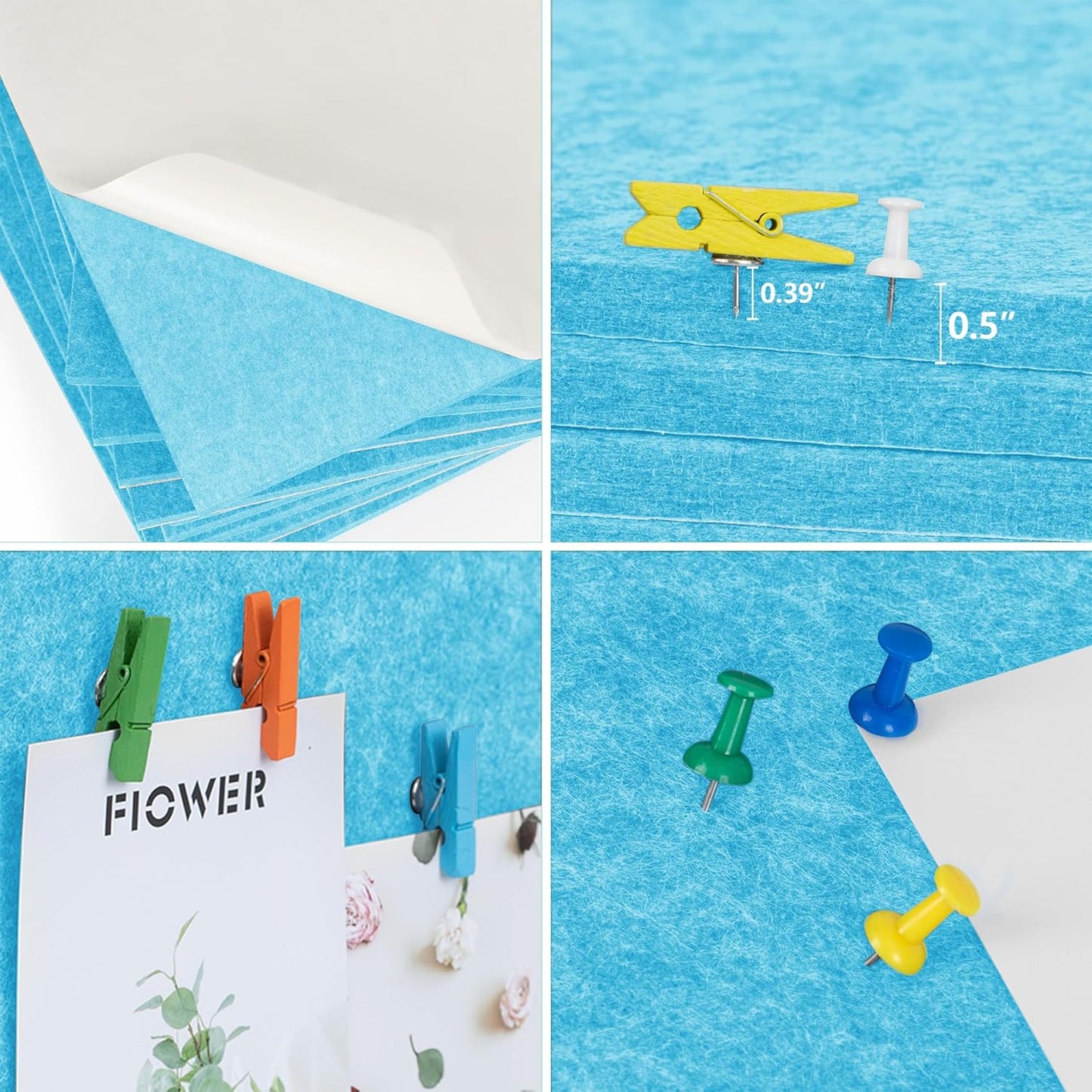 AKTOP Cork Bulletin Board 12x12, 1/2" Thick Felt Cork Board Tiles 12 Pack, Small Square Pin Board for Wall, Self Adhesive Corkboards with 120 Push Pin Wood Clips for School, Home & Office, Baby Blue