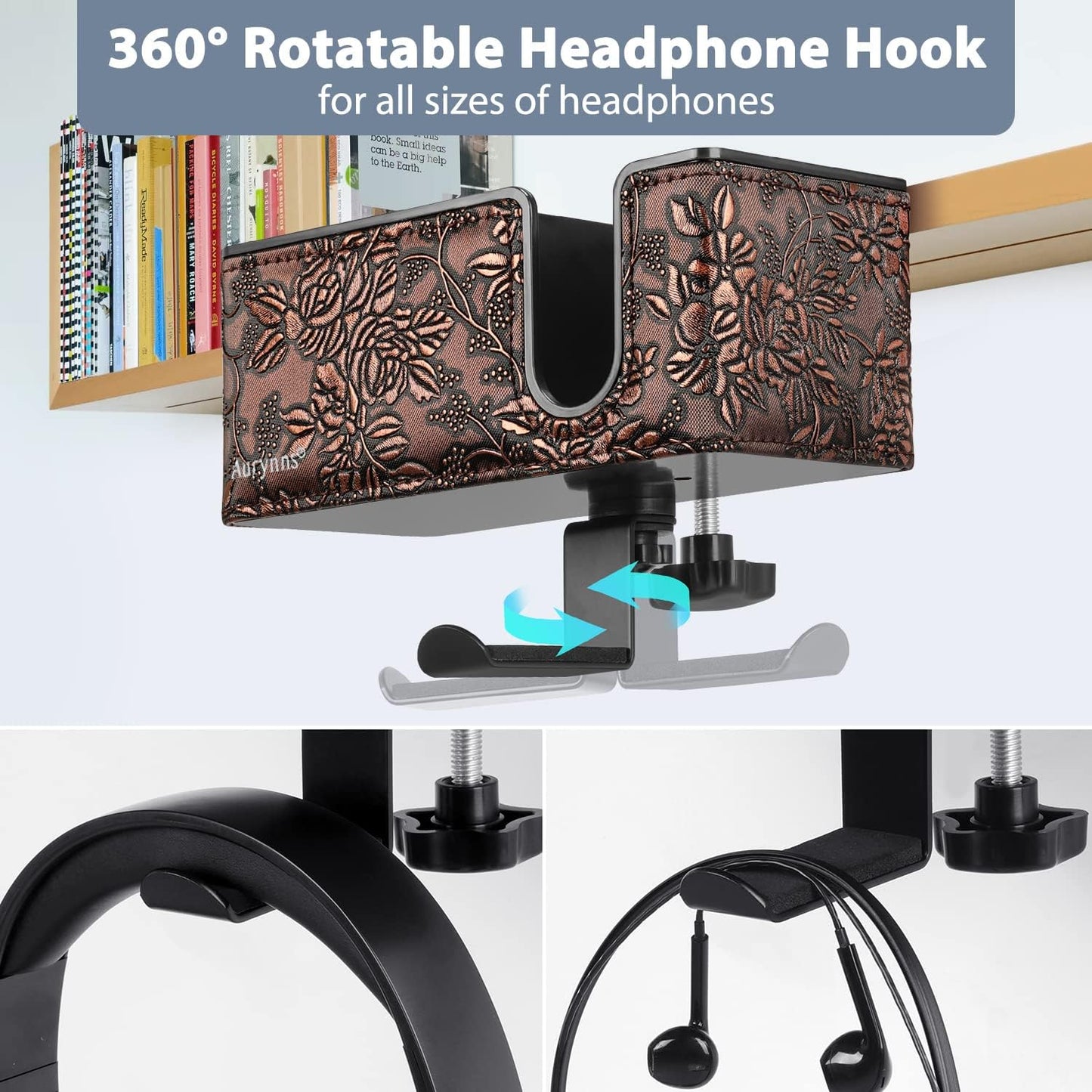 Desk Cup Holder Clip on Pen Holder Headphone Hanger Headset Stand Rotatable Clamp Hook Under Desk (Golden)