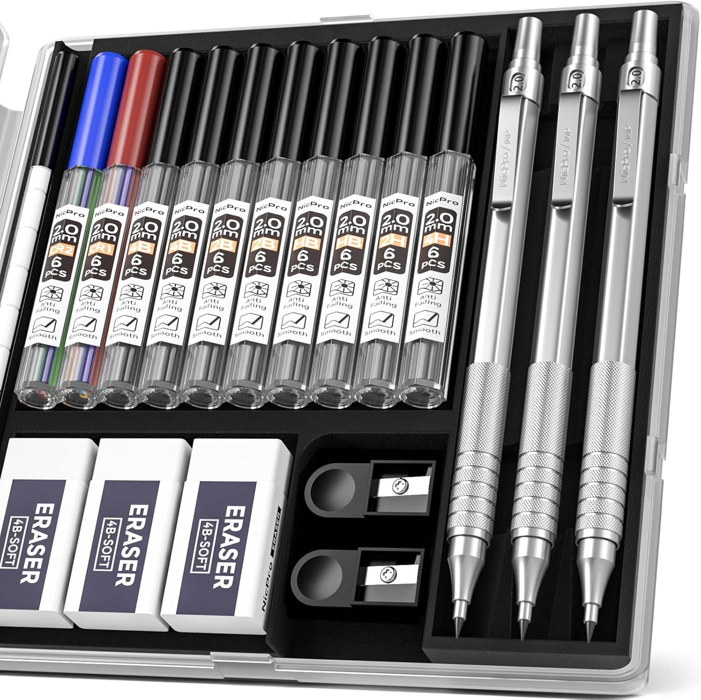 Nicpro Metal 2.0 Mechanical Pencil Set with Case, 3 PCS Drafting Lead Holder with 10 Tubes 2mm Graphite Lead Refill(HB 2H 4H 2B 4B) &Colors, Sharpeners, Erasers for Artist Writing, Drawing, Sketching