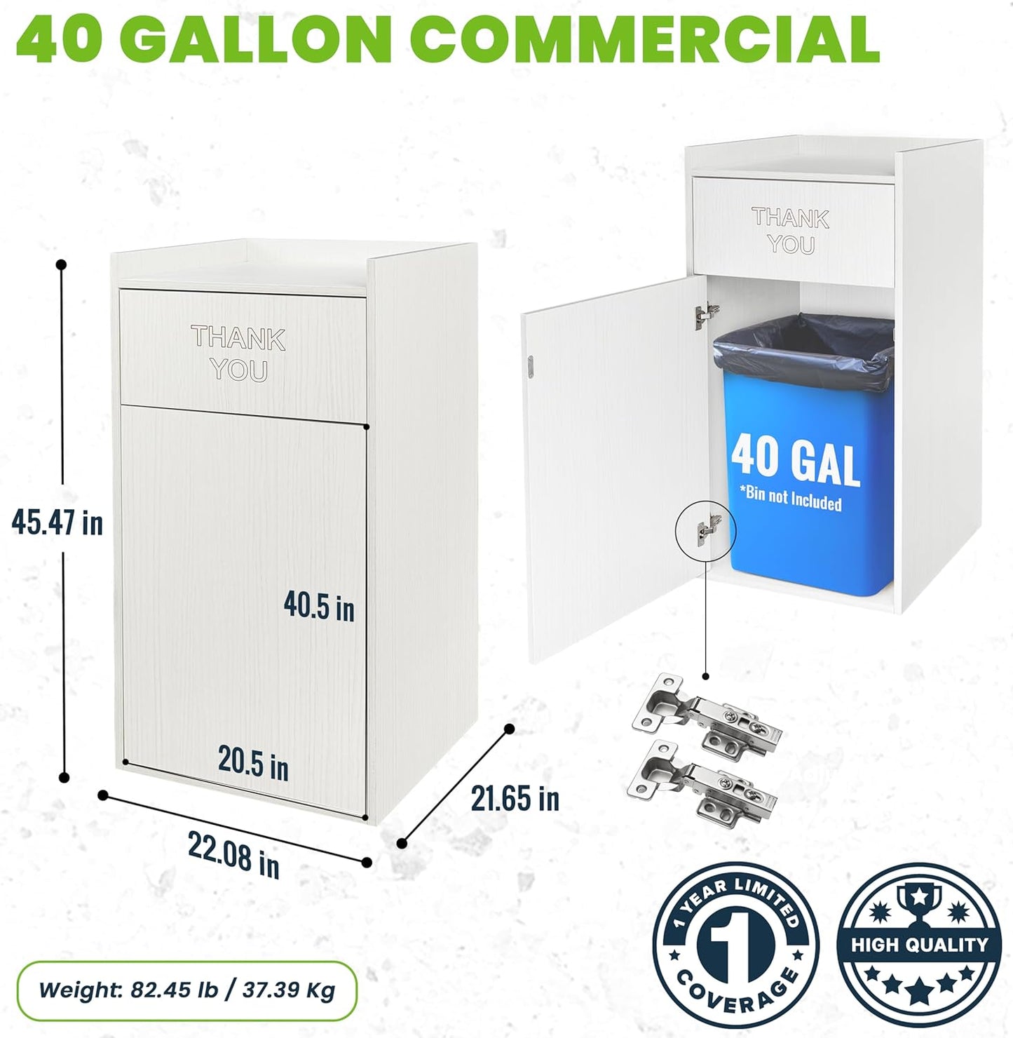 Alpine Restaurant Trash Can Cabinet with Tray Holder - Commercial 40 Gallon Garbage Receptacle Indoor for Restaurants, Cafeterias (White)