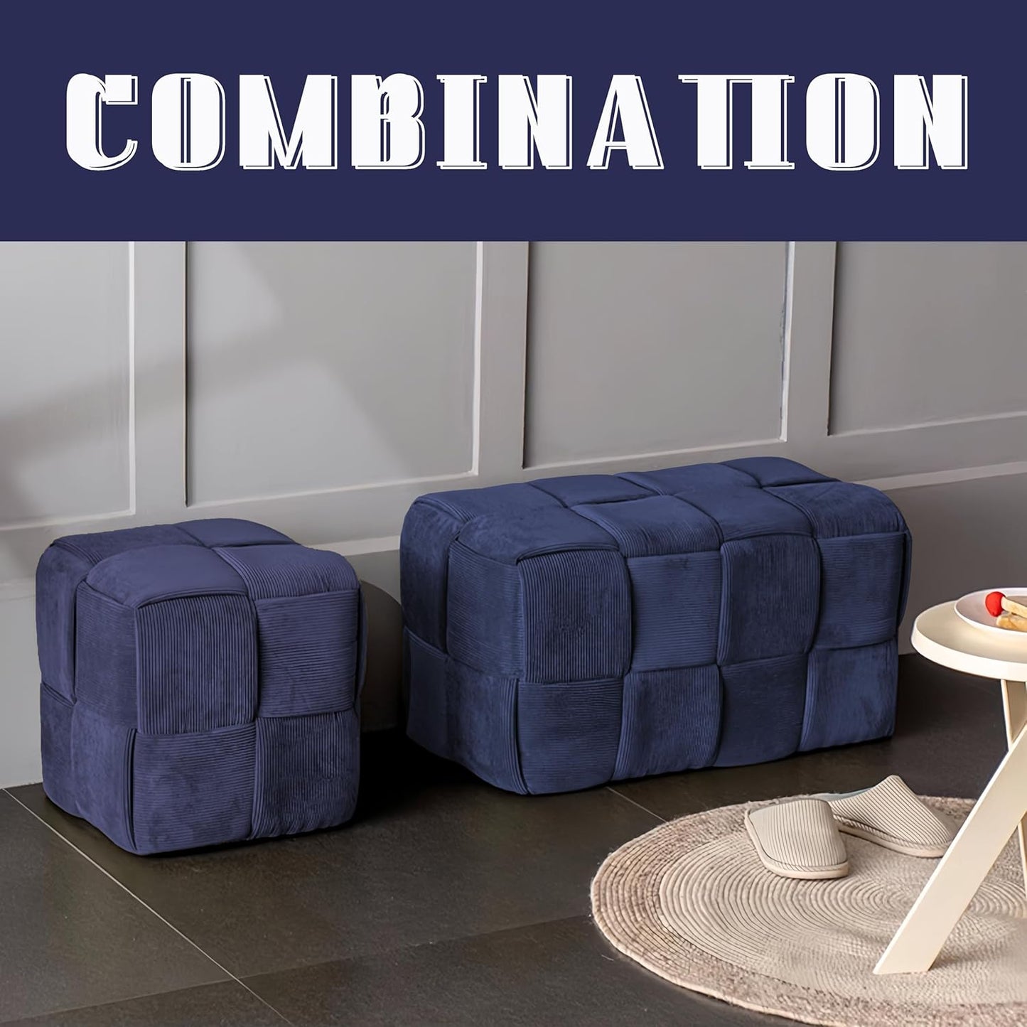 Ottoman Foot Rest Soft and Comfortable Ottoman Square Corduroy Woven Design Sofa Stool (Blue-L)