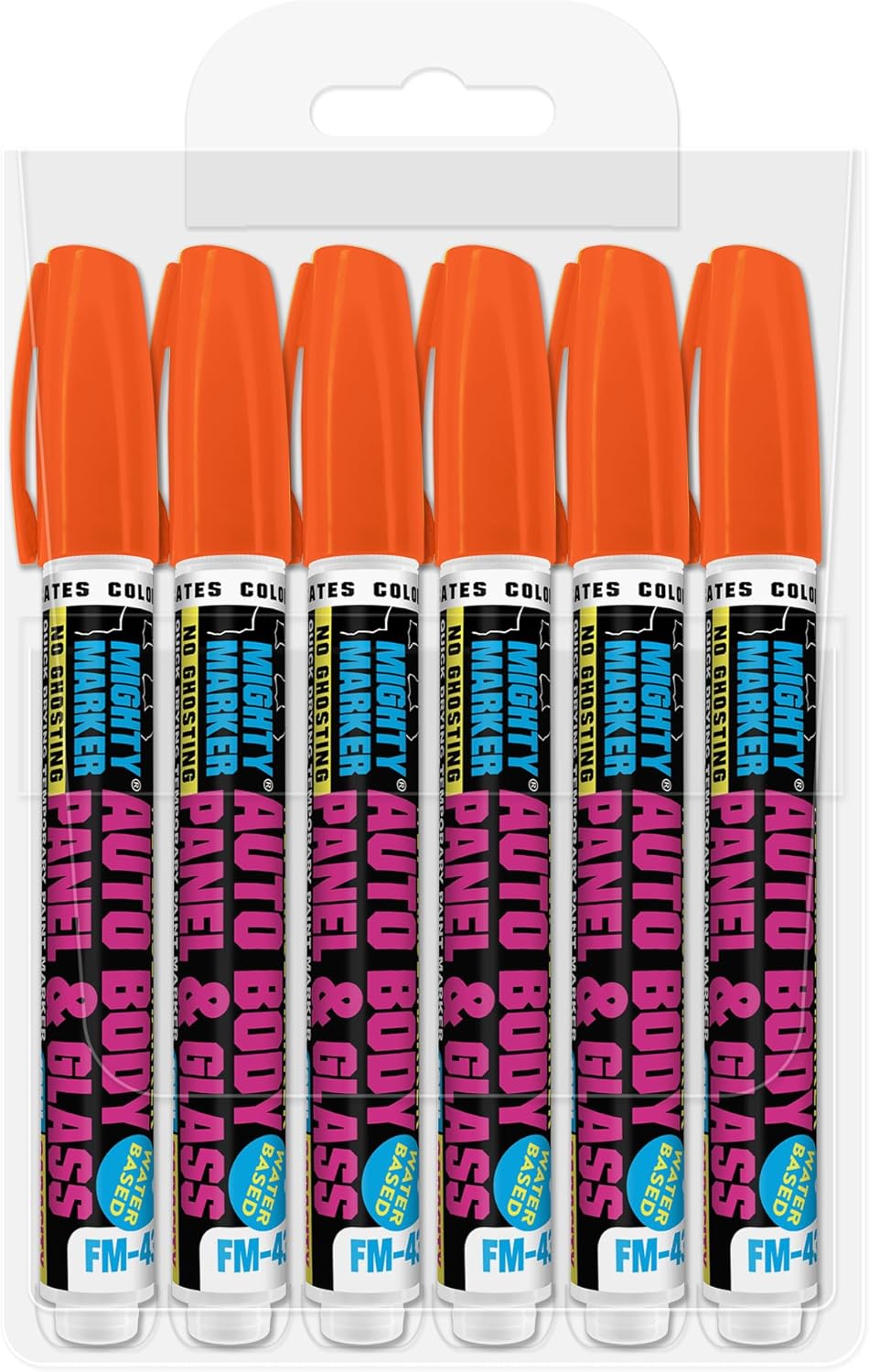 FM-43 Auto Body and Glass Paint Marker, No-Ghost, Highly Water-Resistant, 2.3mm Bullet Tip, Valve Action, 6 Bonus Reversible Tips, Made in USA - Fl. Orange 6 Pack