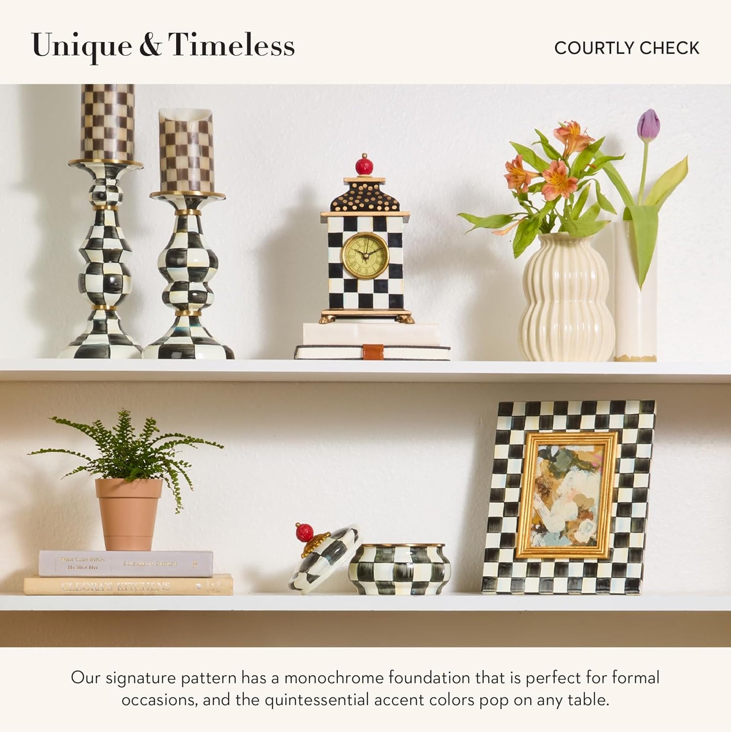 MACKENZIE-CHILDS Desk Clock, Decorative Wood Clock for Kitchen and Living Room, Black-and-White Courtly Check