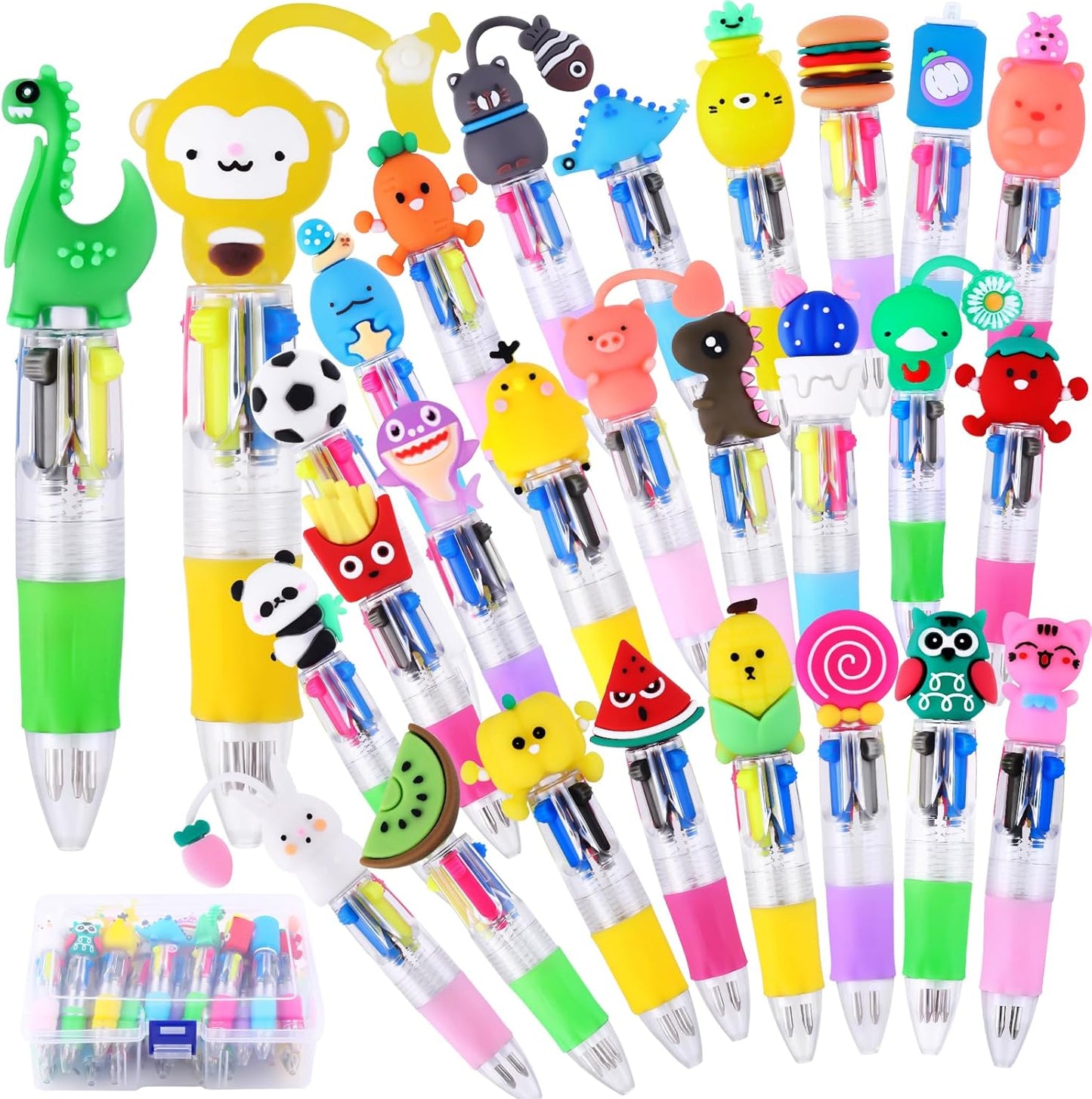 28PCS Fun Pens for Kids Multicolor Ballpoint Pen 4 Colors in One, Mini Cute Stationery Cartoon Animal 0.7mm Retractable Writing Pens for Party Favors School Supplies Students Rewards