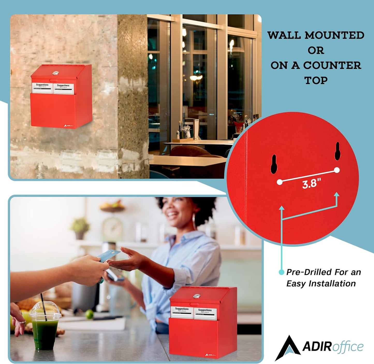Adir Suggestion Box with Slot and Lock with 25 Comment Cards and Label Stickers, Wall Mounted Metal Donation Box for Fundraising, Tip Cash Drop Box for Money, Ballot Box Red