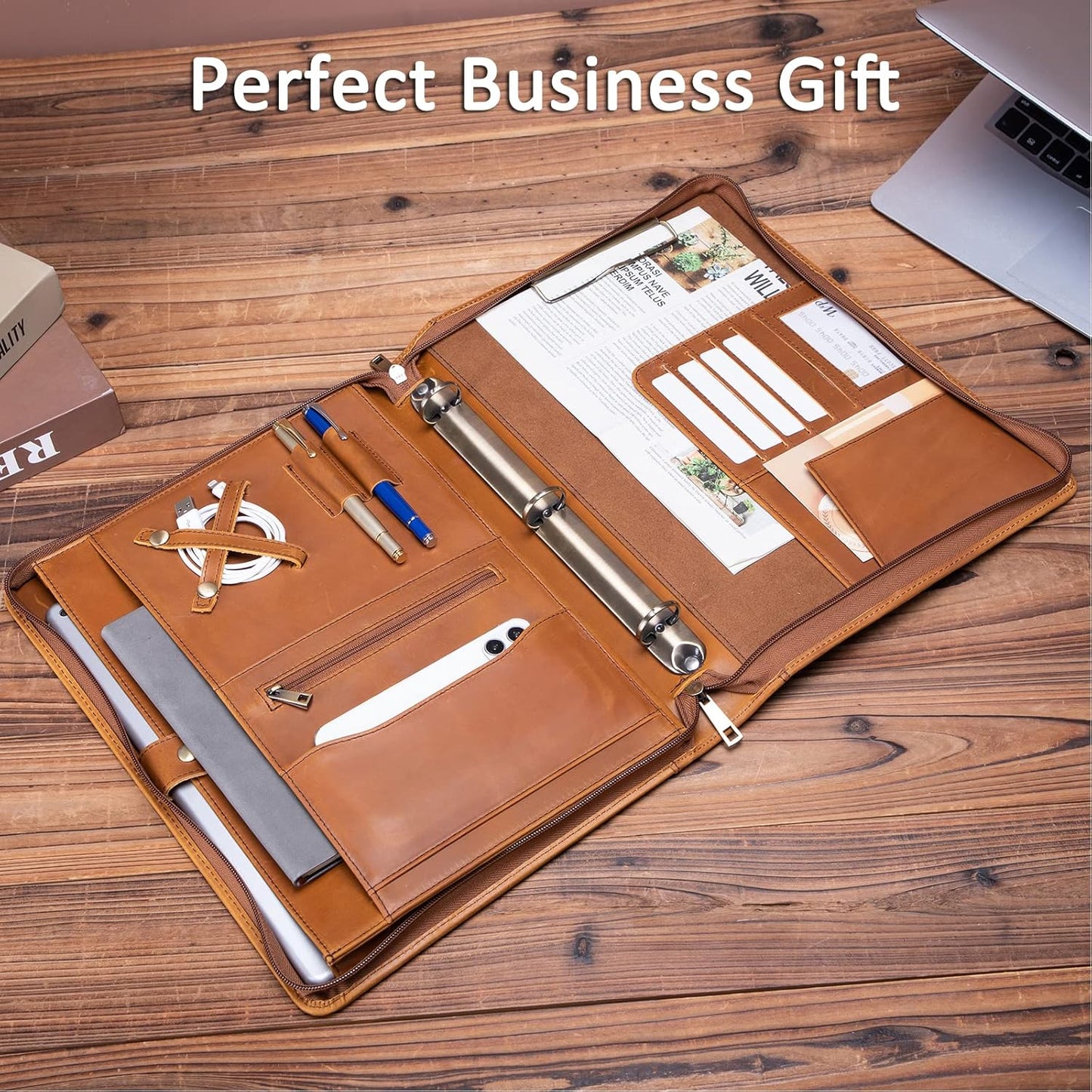 Personalized Genuine Leather Portfolio 3 Ring Binder with Clipboard, Hidden Handle, Custom Engraved 8.5 x 11 Zip Padfolio, Business Professional Organizer for Men Women, Brown