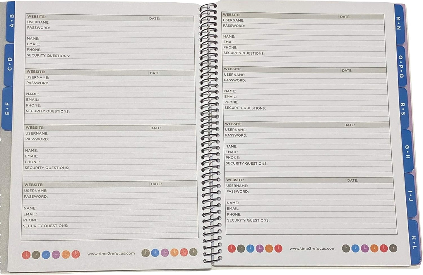 RE-FOCUS Password Book with Alphabetical Tabs 10"x7.5" Spiral Bound Credentials keeper Saves All Internet Login Details (Blue)