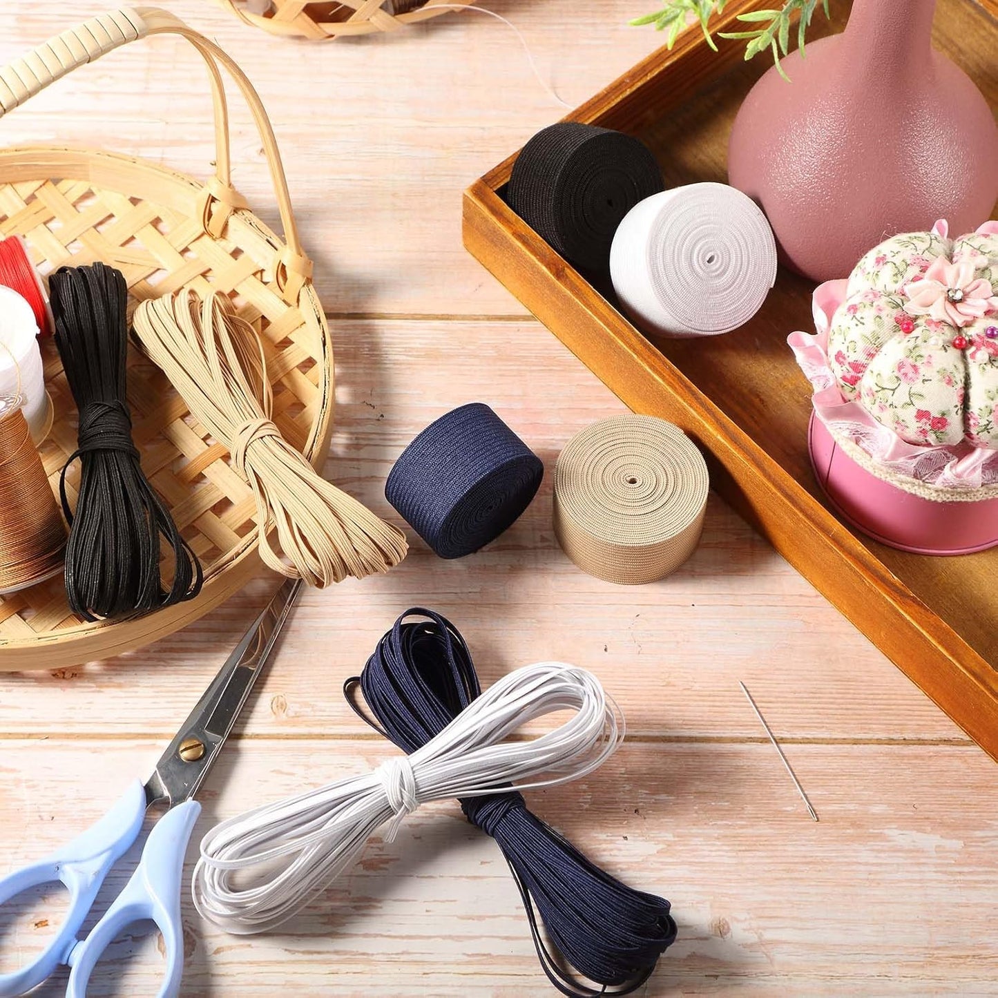 WILLBOND 12 Rolls Colorful Elastic Band Folding Elastic Cord Heavy Duty Stretch Band Knitted Flat Band for Sewing Crafts DIY Comforter Cuffs(Assorted Size X 61 Yard,Retro Colors)