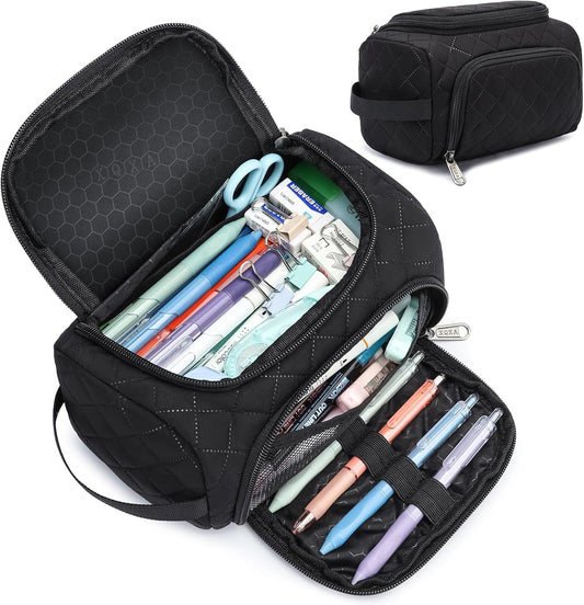 XQXA Extra Large Capacity Pencil Case Organizer, Multifunctional Pencil Pouch with Compartmens, Travel Simple Stationery Bag, Nylon Pencil Bag for Adults (Black Quilted)