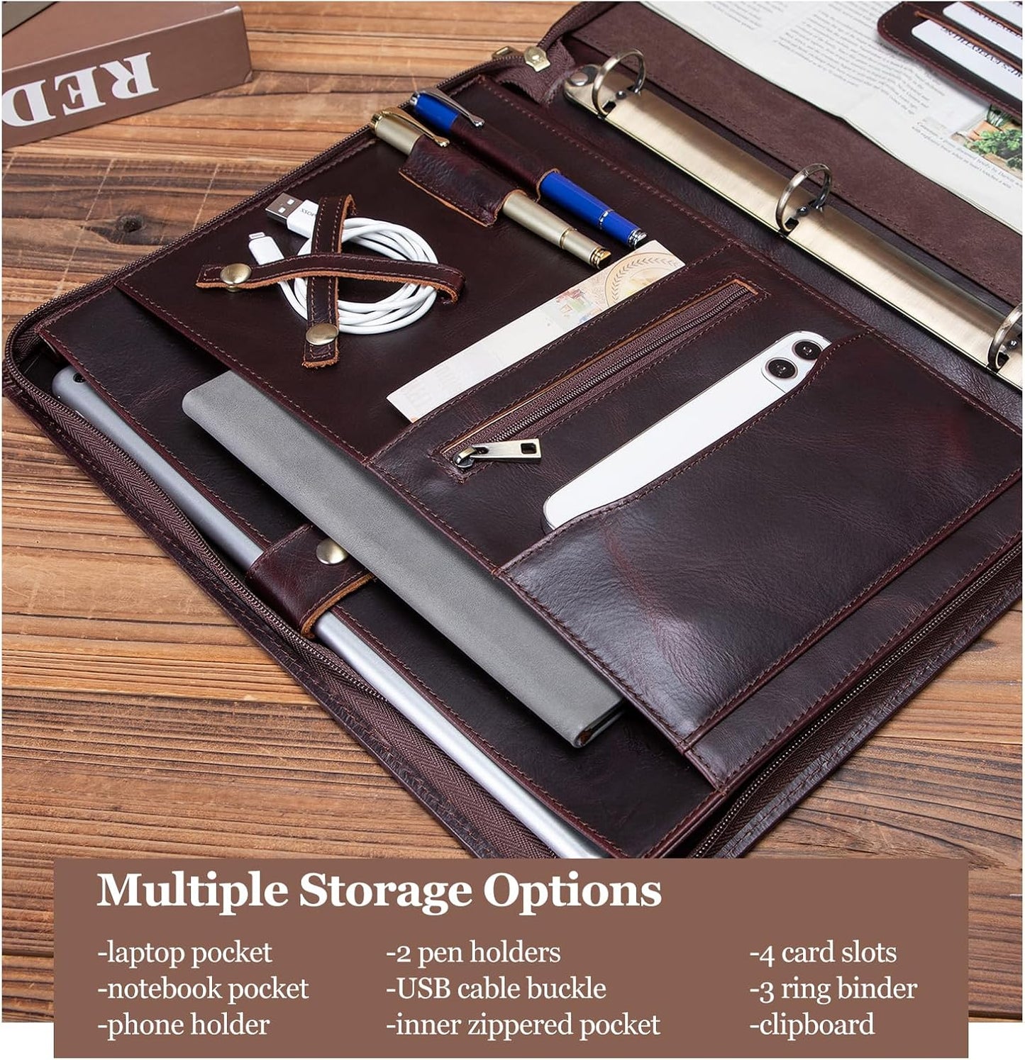 Genuine Leather Portfolio 3 Ring Binder with Clipboard, Hidden Handle, 8.5 x 11 Zippered Padfolio, Business Organizer Professional Executive Folio for Men and Women, Dark Brown, Oil Tanned