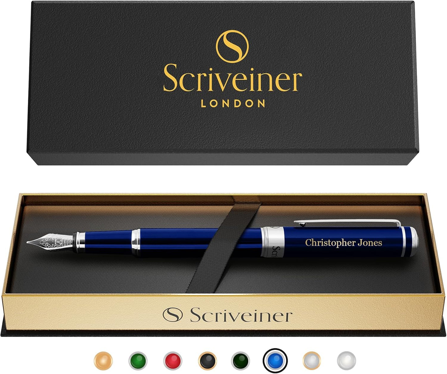 Scriveiner Personalized Midnight Blue Pen - Stunning Blue Lacquer Luxury Pen, Chrome Finish, German Schmidt Nib (Medium), Best Engraved Fountain Pen Gift Set for Men & Women, Name Engraving