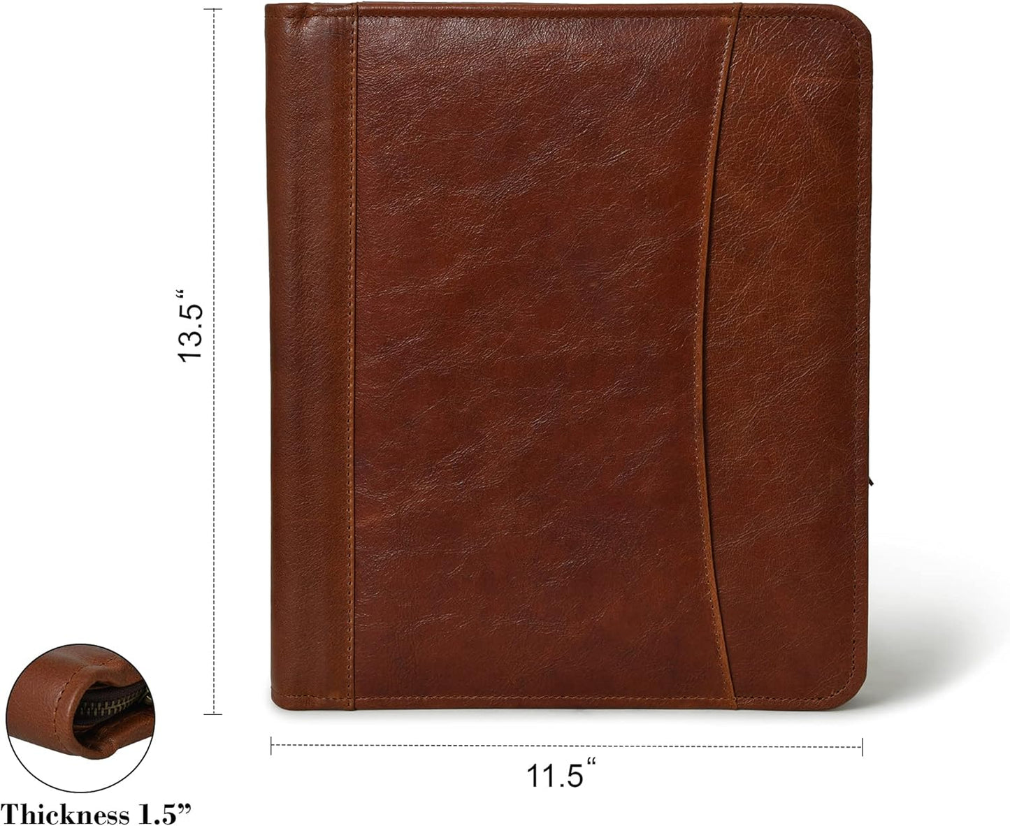 Full Grain Leather Business Portfolio Padfolio Document Organizer with Writing Pad Resume Professional Interview Zipper Writing Notepad Folder for Women Men Cognac