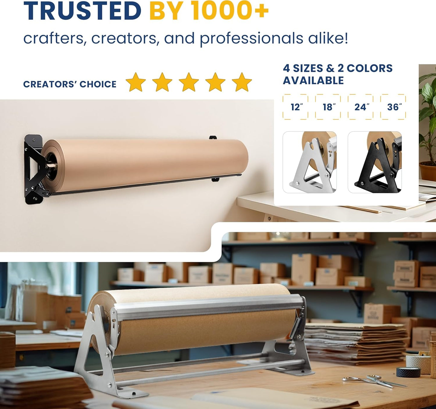 DIY Crew 36 Inch Paper Roll Dispenser and Cutter - Heavy-Duty Wall Mountable, Non Slip Tabletop - Kraft, Freezer, Butcher Paper - Up to 1000ft Rolls