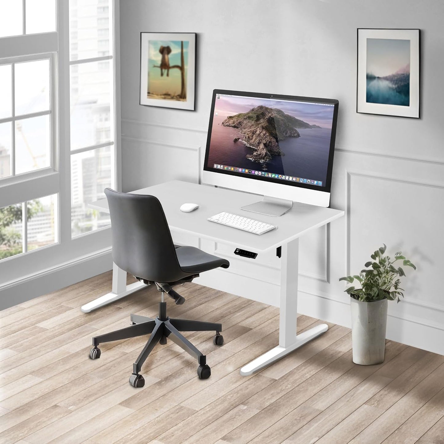 Mount-It! Motorized Sit Stand Adjustable Height Desk Frame with 48" Tabletop - Ergonomic Single Motor Adjustable Standing Height Table, Desktop Rising Up to 47.2" Memory Control, Large White Desk