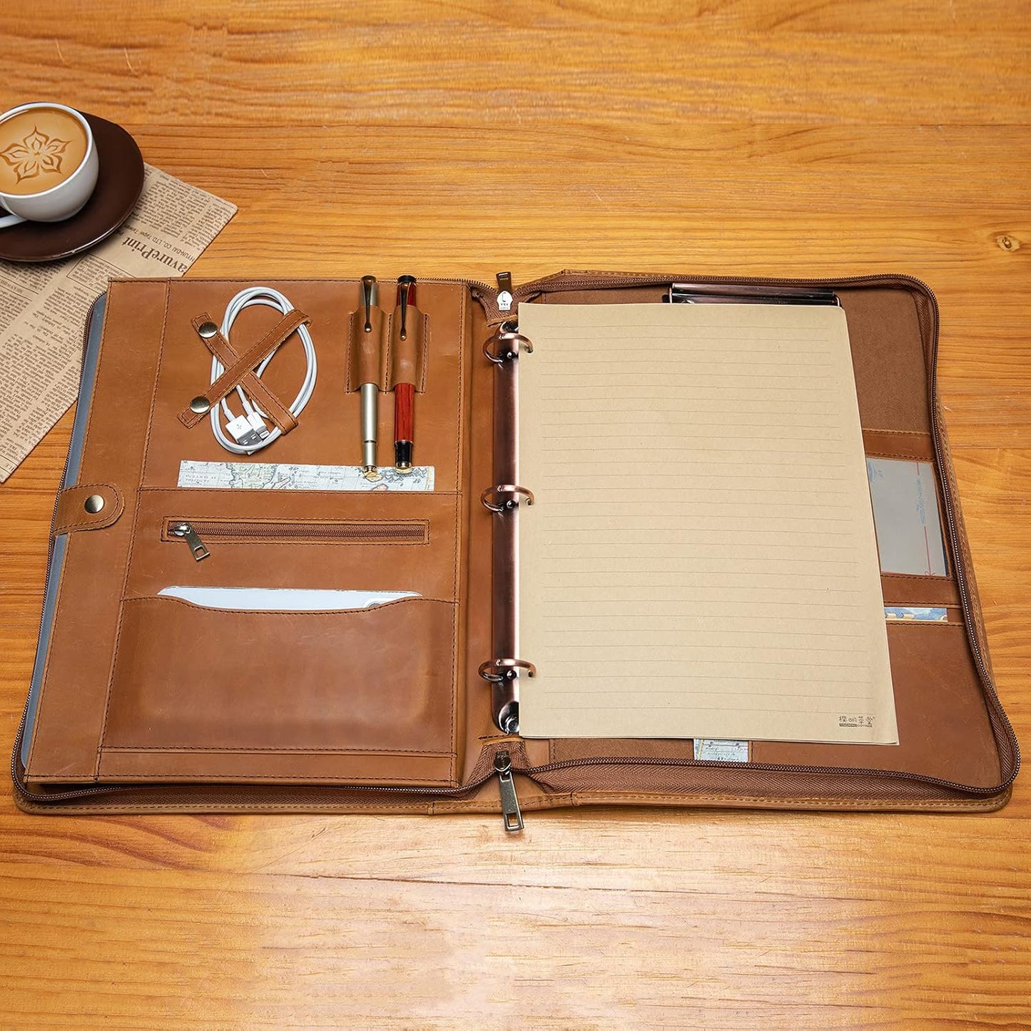 Genuine Leather Portfolio 3 Ring Binder with Clipboard, Hidden Handle, 8.5 x 11 Zippered Padfolio, Business Organizer Professional Executive Folio for Men and Women, Brown
