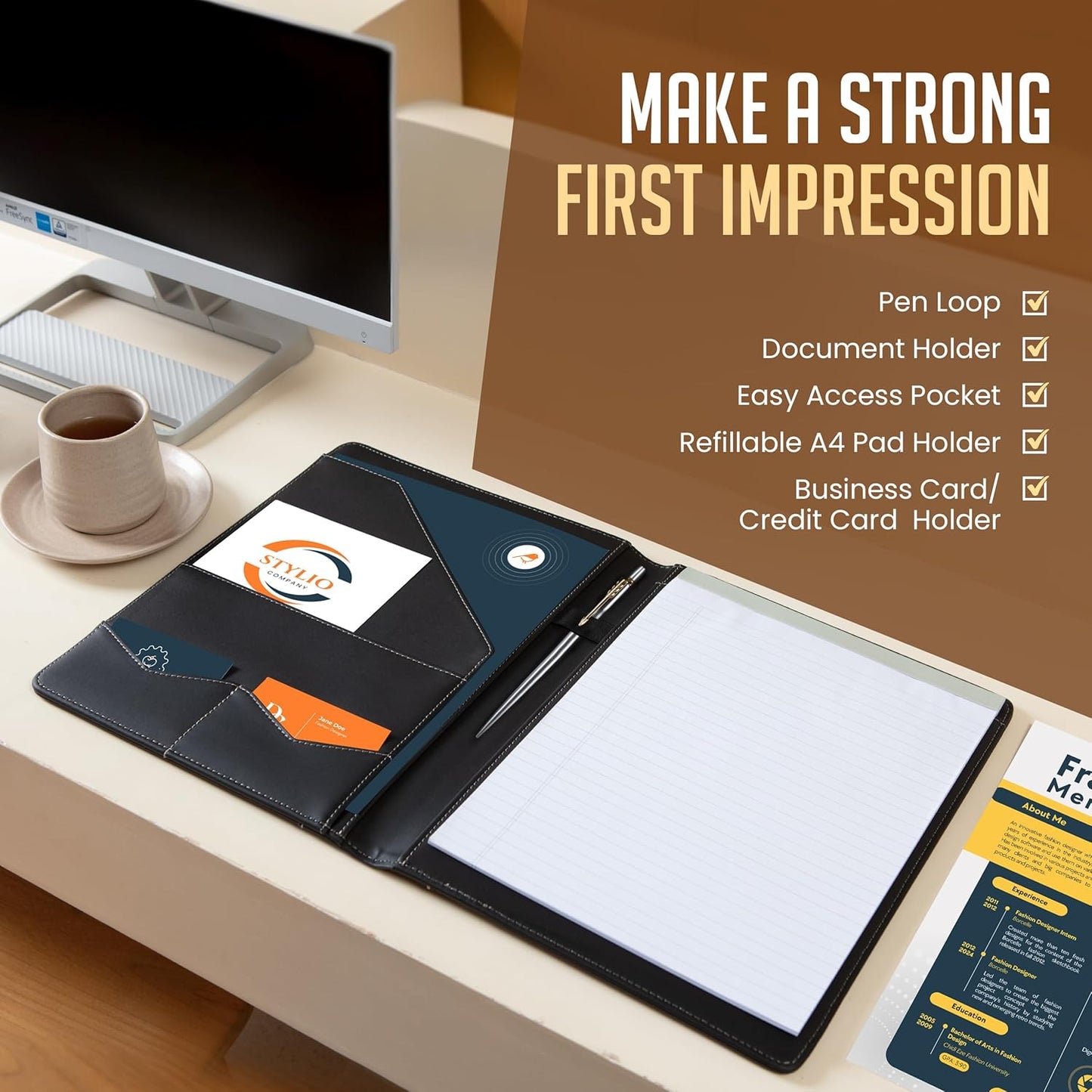 STYLIO Padfolio Portfolio Organizer Binder | Interview Resume Folder, Legal Document, Business Card Holder |w/Letter-Sized Notepad | Handsome Piano Noir Faux Leather Folio Matte Finish, Accent Stitch