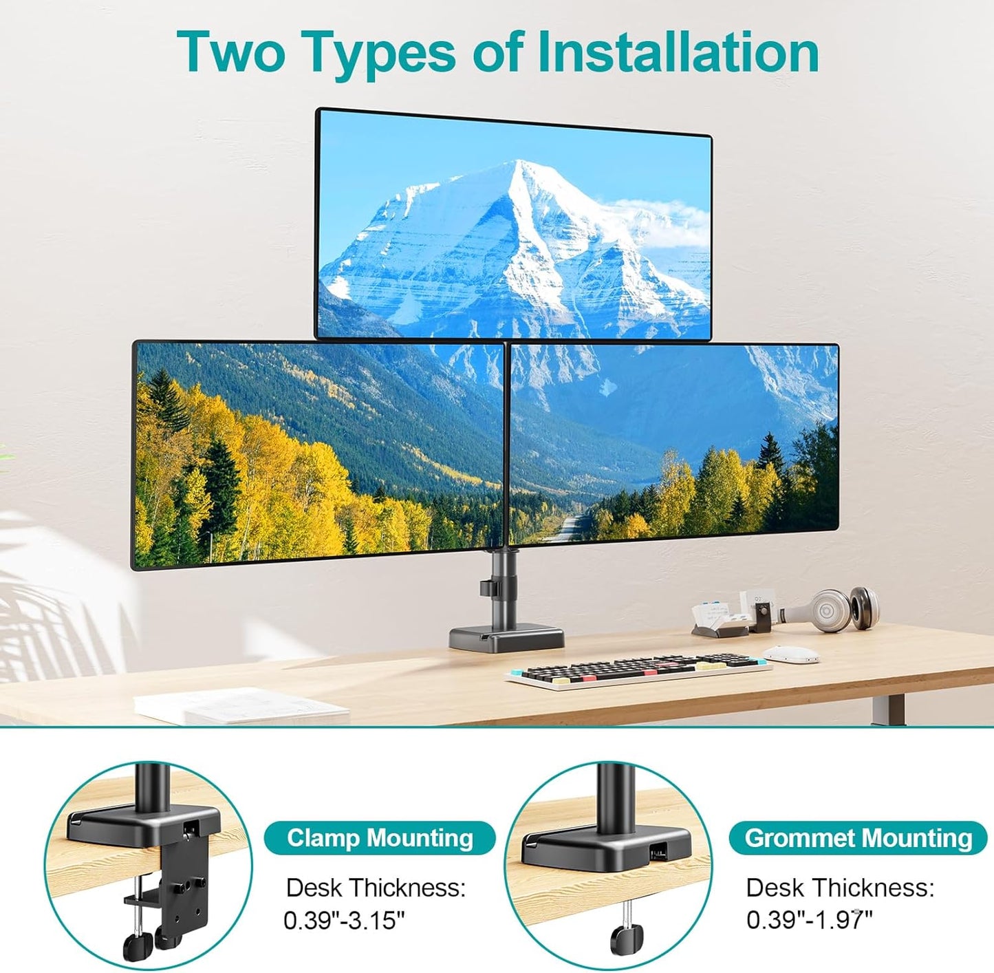 MOUNT PRO Triple Monitor Mount for Max 32" Computer Screen, Adjustable 3 Monitor Desk Mount, up to 17.6lbs Each, Gas Spring Three Display Arm with Tilt Swivel Rotation, VESA Mount 75x75/100x100mm
