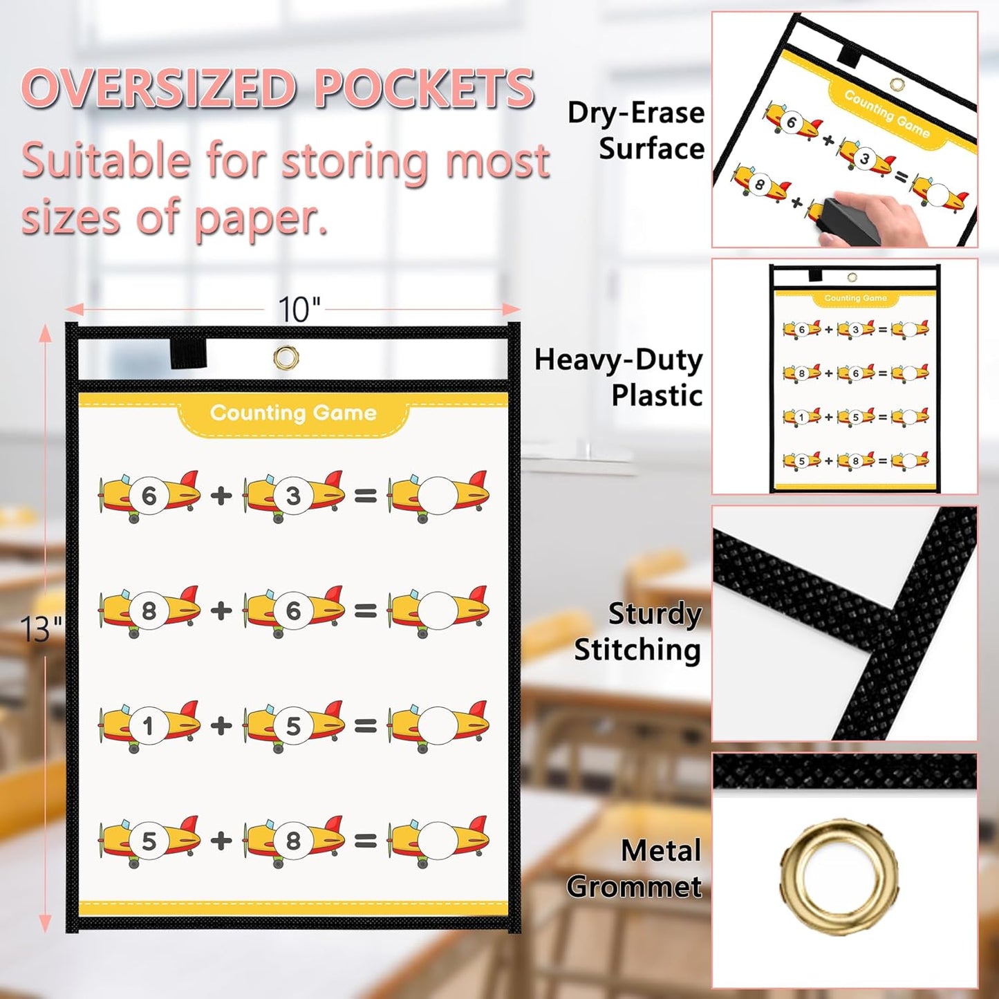 Antner 30 Packs Oversized Dry Erase Pockets Reusable Sleeves 10x13 Job Ticket Holders, Clear Plastic Dry Erase Pouches Heavy Duty Sheet Protectors for Teacher School Classroom Office Supplies, Black