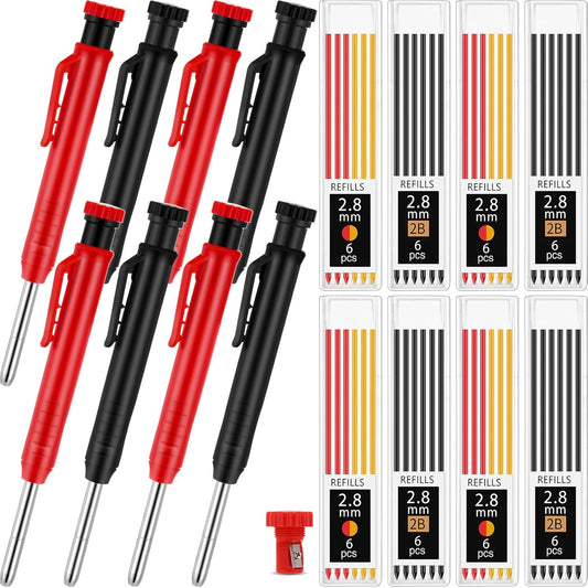 8 pack 2.8mm Mechanical Carpenter Pencils with 48 Refills, Construction Pencils with Built-in Sharpener, Long Nib Deep Hole Marker, Heavy Duty Woodworking Tools (Black+red)