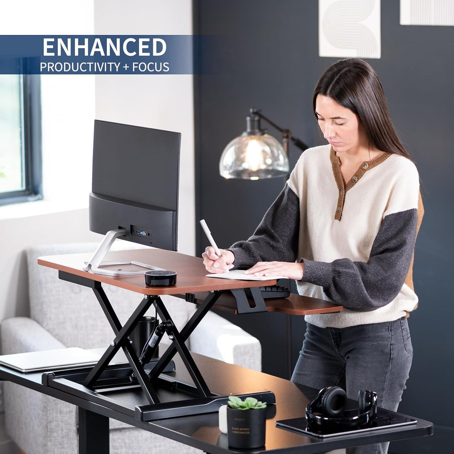 VIVO 28 inch Desk Converter, K Series, Height Adjustable Sit to Stand Riser, Dual Monitor and Laptop Workstation with Keyboard Tray, Dark Walnut Top, Black Frame, DESK-V028KA